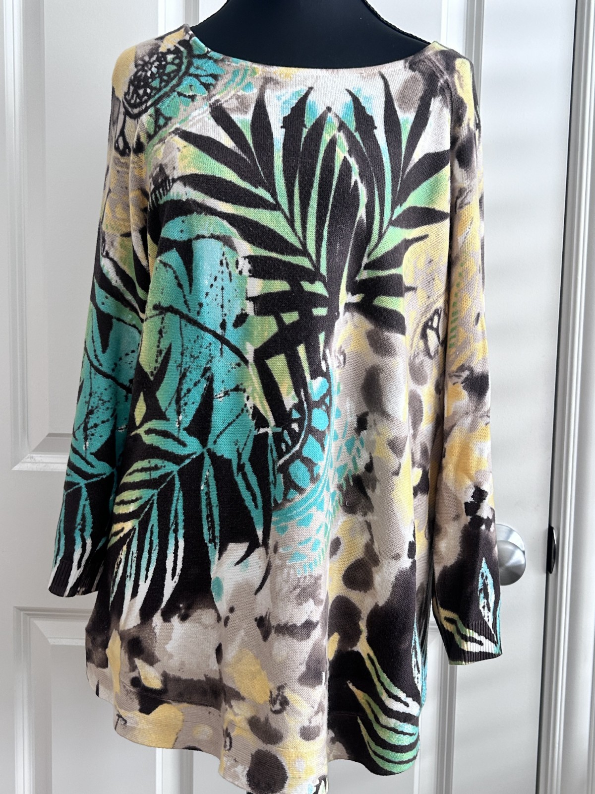 CHICOS TROPICAL SUMMER SWEATER BROWN YELLOW GREEN SIZE 2