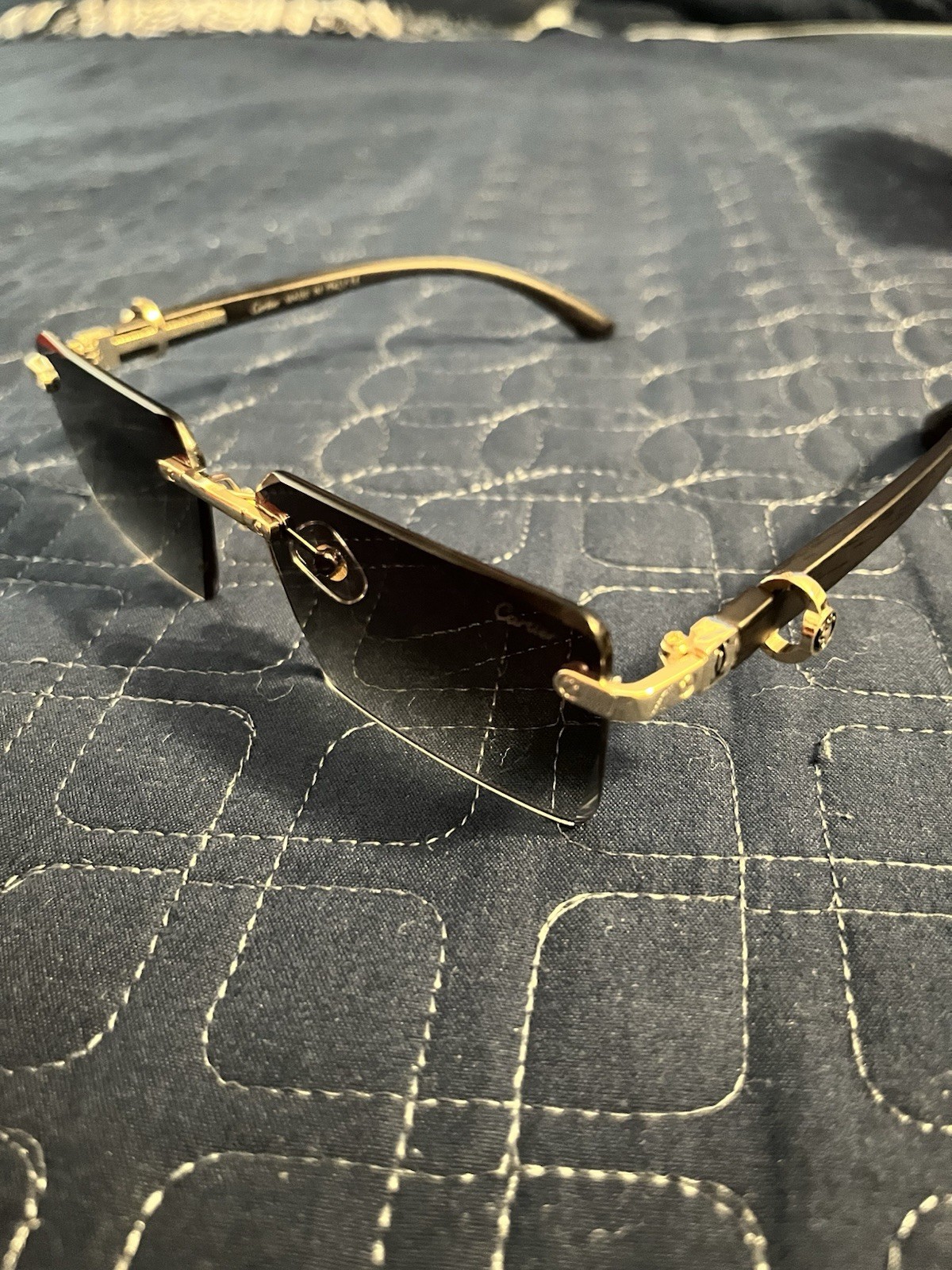 Cartier Rimless Rectangle Sunglasses Gold Metal Frame Black Tinted, Case Box