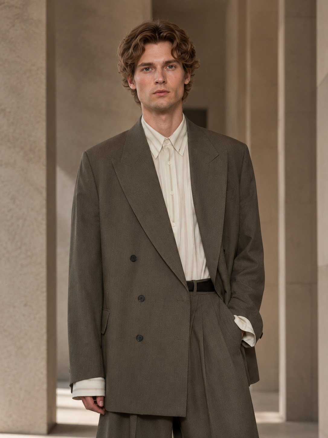 Mens Olive Brown 2 Piece Suit Oversized Blazer Tailored Shorts Runway Outfit