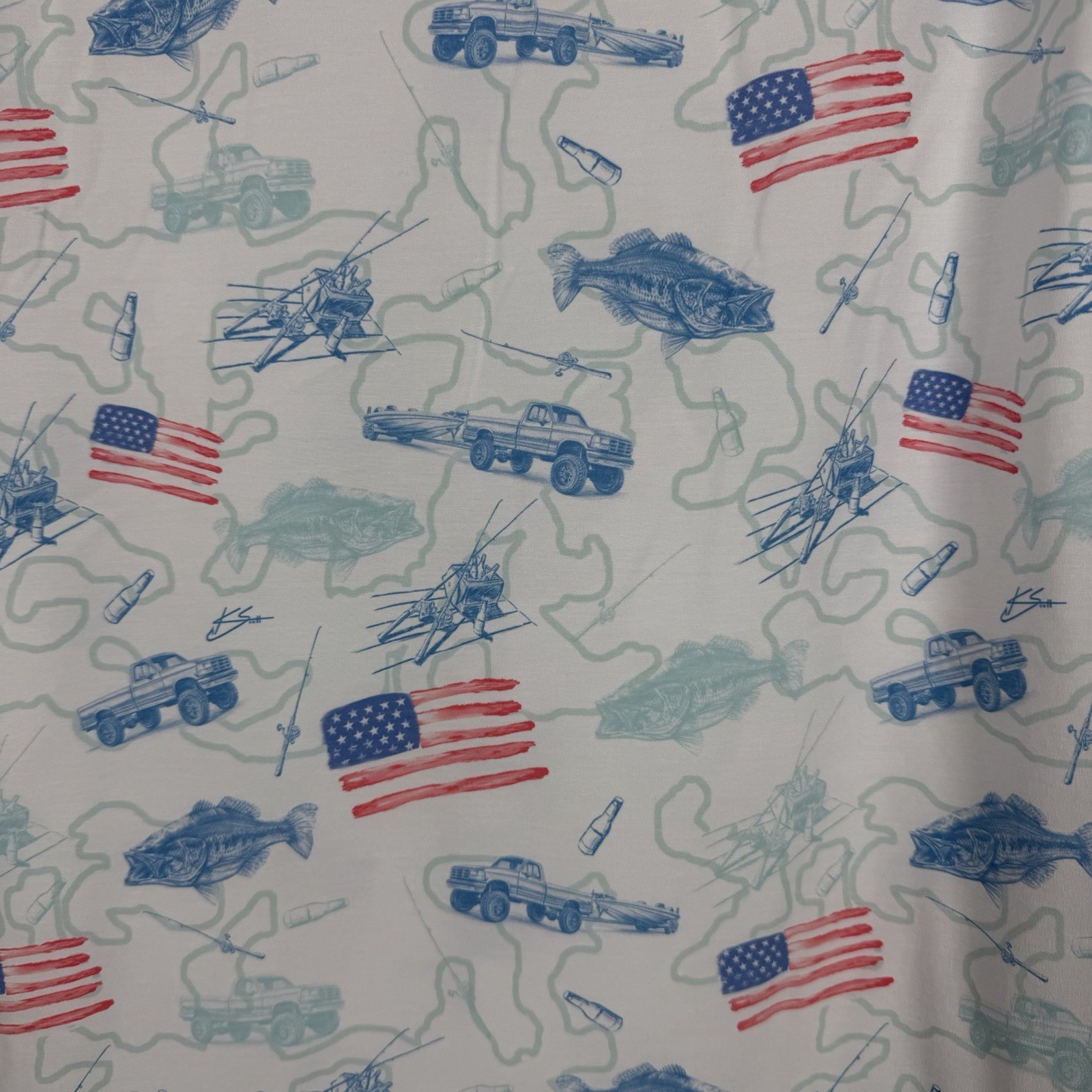 Huk Kona Fish & Flag Fishing Shirt Red White Blue Button Down Size Medium Summer
