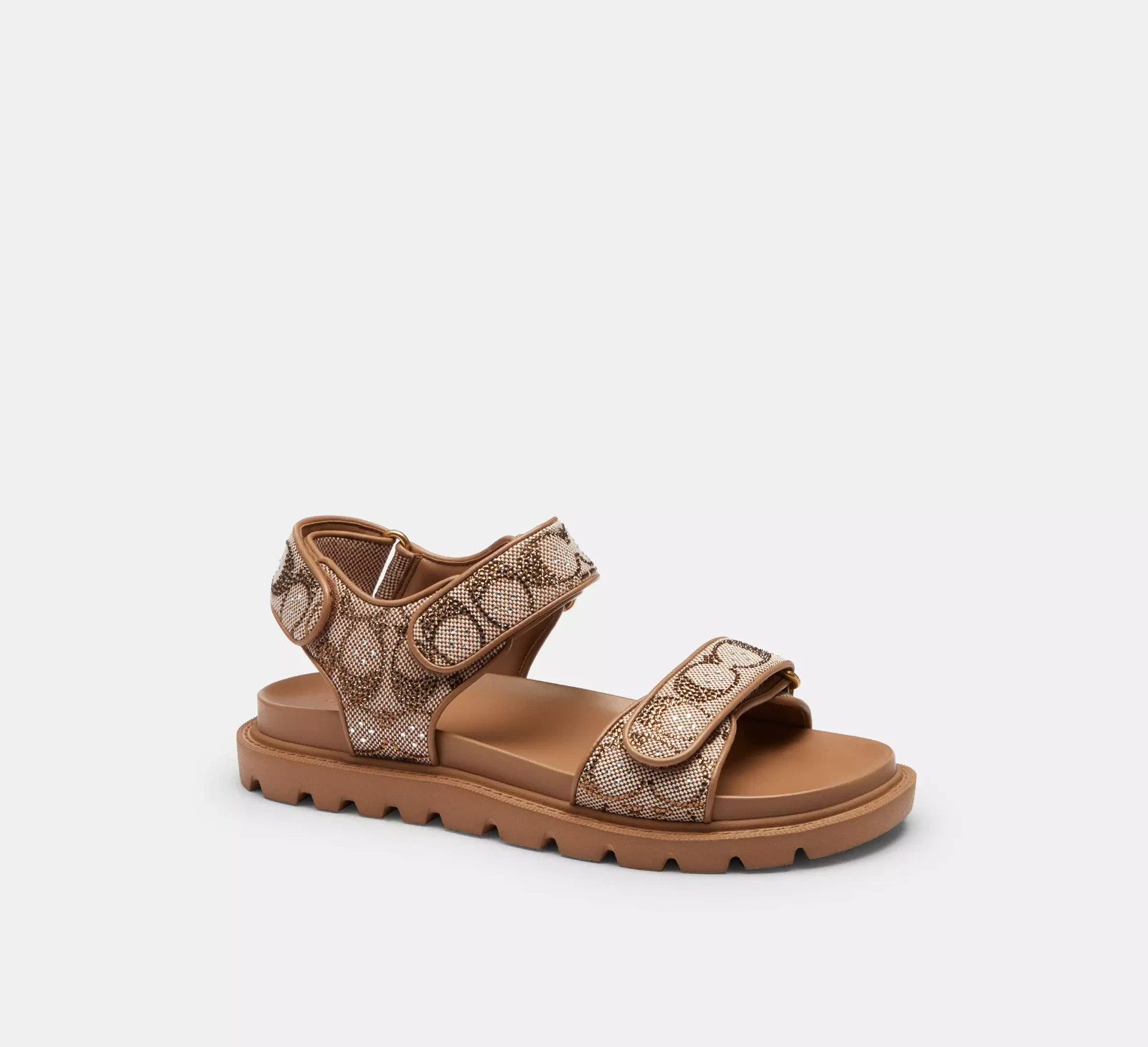 Coach Brynn Crystal Signature Jacquard Double Band Straps Sandals Tan, CEF38