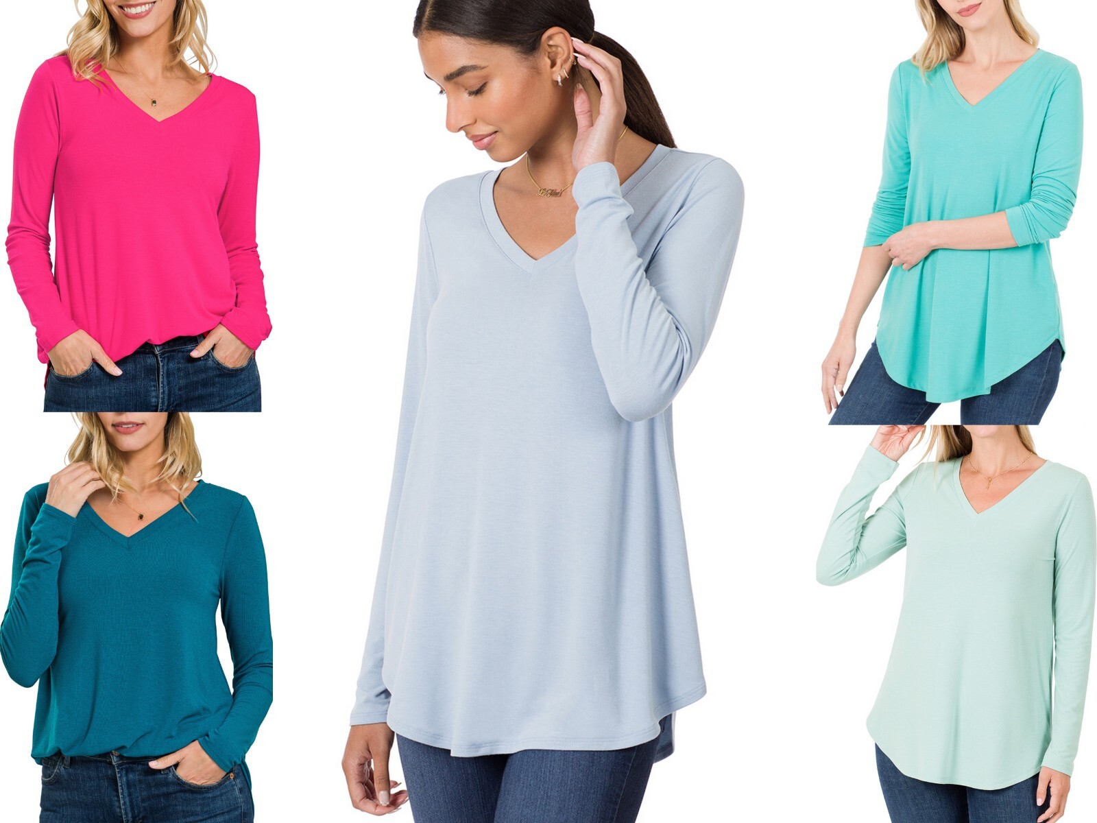 V-Neck / Round Neck Long Sleeve T Shirt Round Hem Soft Rayon Relaxed Fit Top