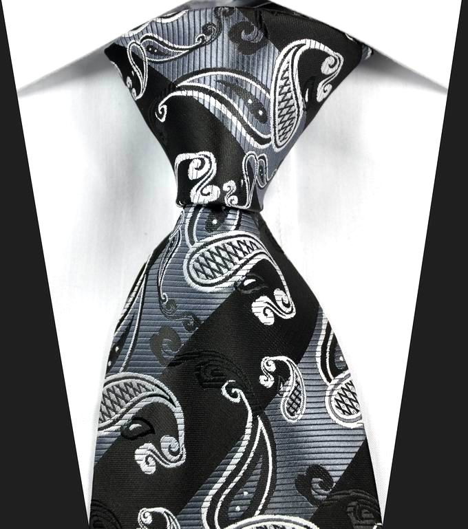 Classic New Paisley Black Gray White Jacquard Woven Silk Men’s Tie Necktie
