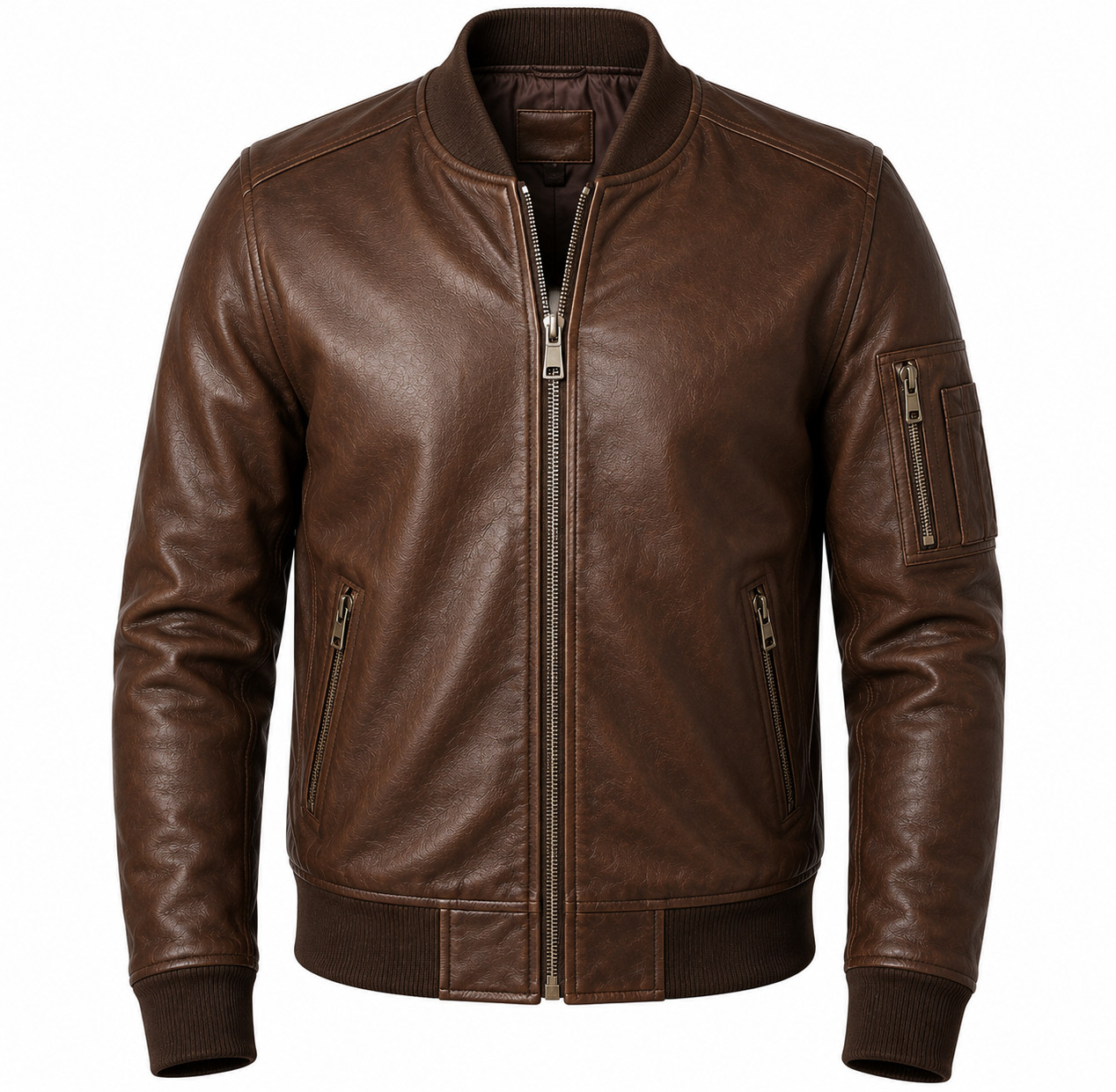 Men’s Brown Leather Bomber Jacket Biker Motorcycle Genuine Leather Zip Coat