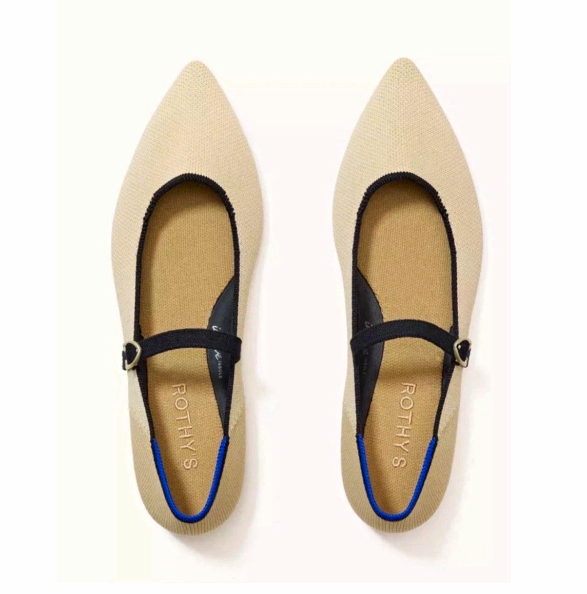 Rothy’s Pointed Toe Mary Jane Knit Flats Beige/Black/Blue Buckle Strap US 7