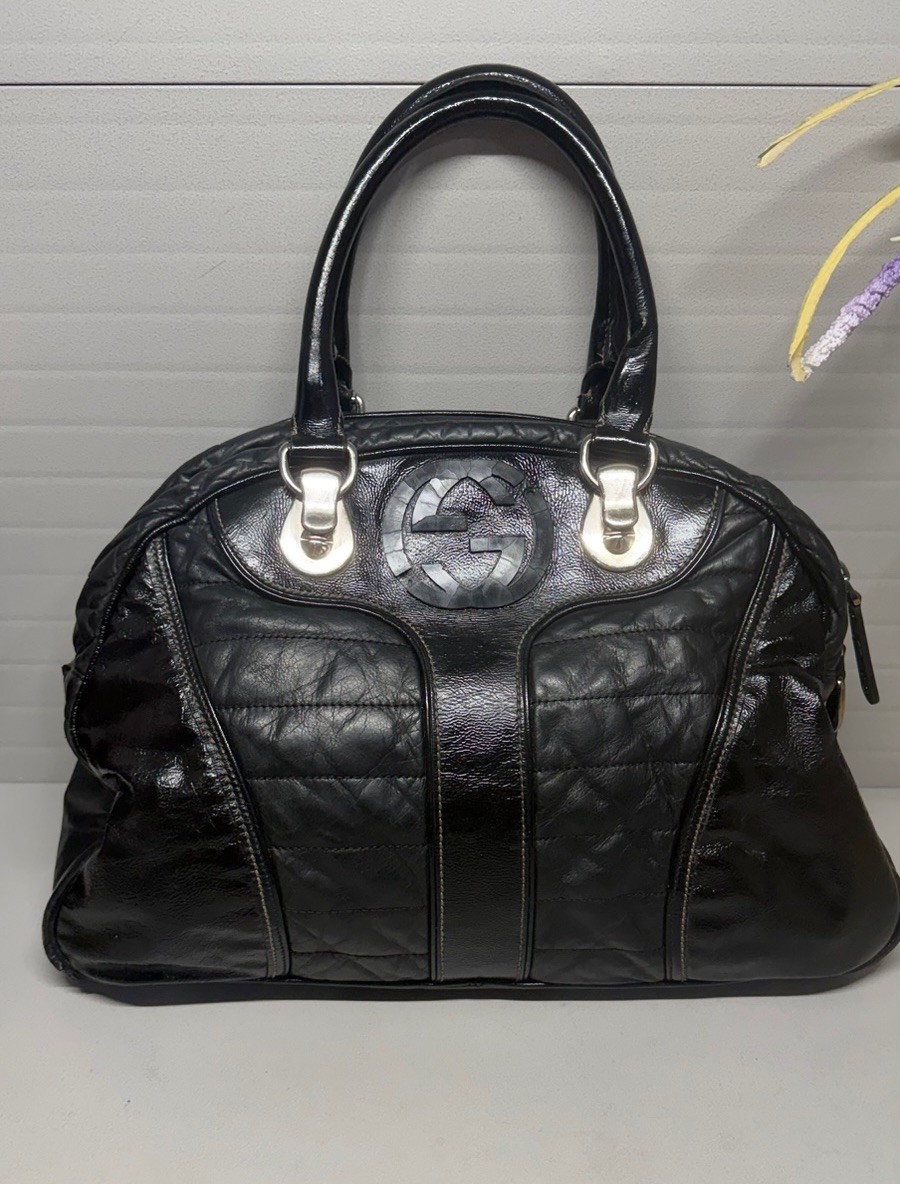 Auth. GUCCI SOFT PATENT LEATHER Bowler’ Snow Glam Handbag-SEE PICS/READ DESCRPTN