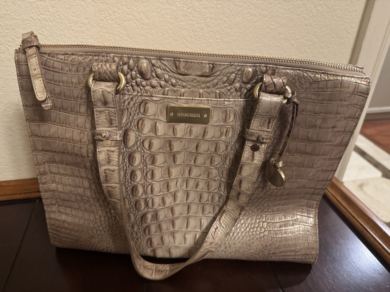 BRAHMIN Anywhere Melbourne Croc Embossed Leather Tote Shoulder Beige Handbag