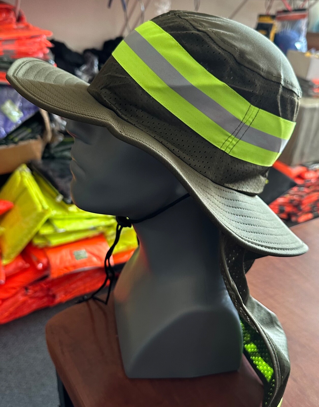 Hi Vis Reflective Work Safety Neck Flap Boonie Hat Olive Bucket Cap