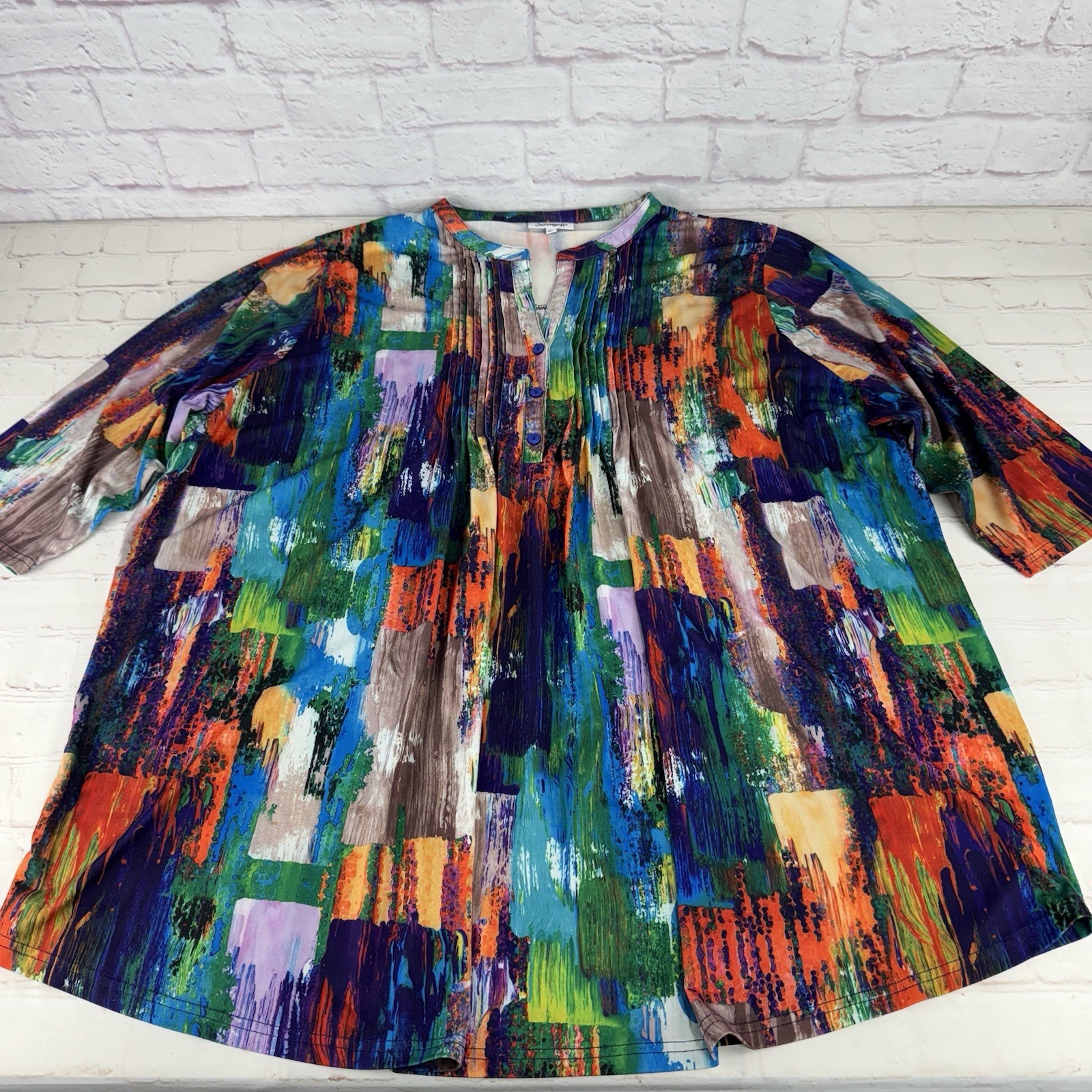 Serengeti Multicolor Abstract Print Pleated Button Blouse Tunic Top Women’s 4X