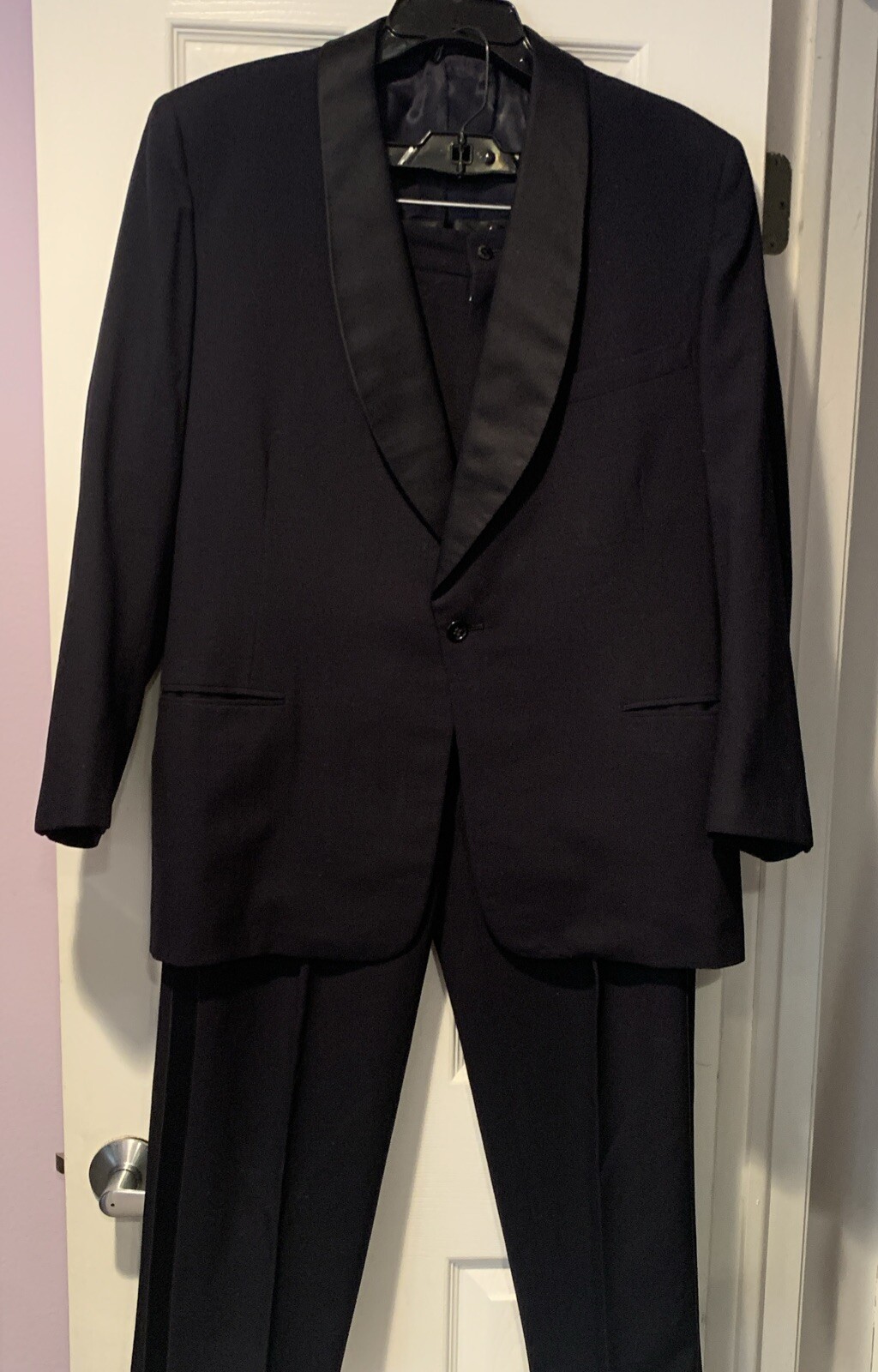 Oakloom Mens Blue Wool Lined Tuxedo Satin Trim Size 42-43 Pants 31-30