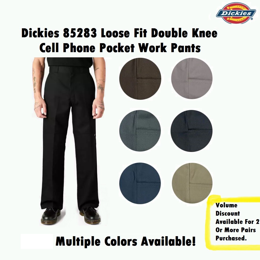 Dickies Mens 85283 Loose Fit Double Knee Pocket Work Pants Multiple Colors