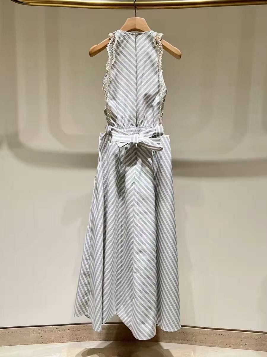 Sandro Lace edged diagonal stripe elastic high waisted sleeveless round neckdres