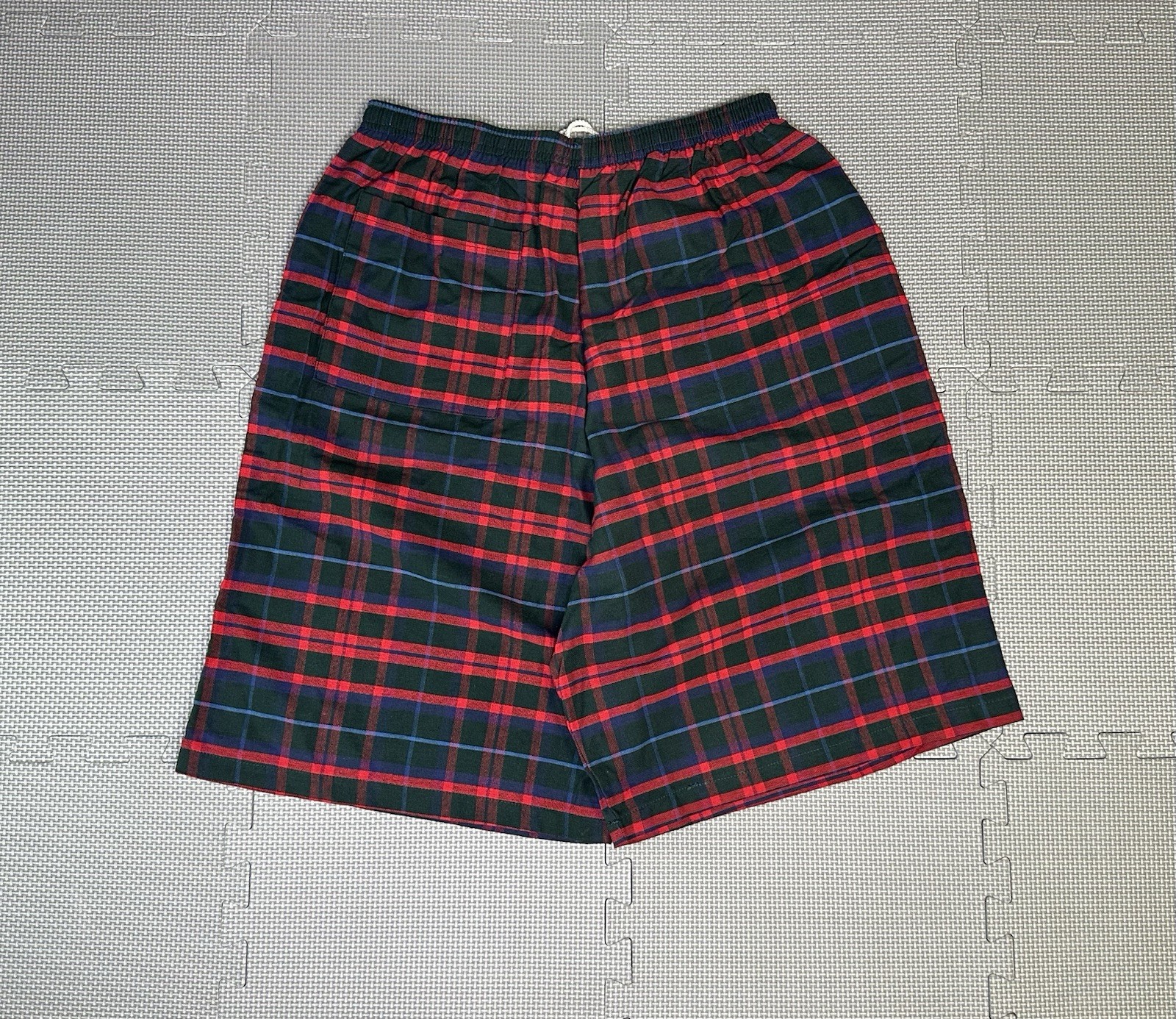 Vtg 80s 90s Plaid Shorts Drawstring Pockets Multicolor Cotton Polyester Made USA