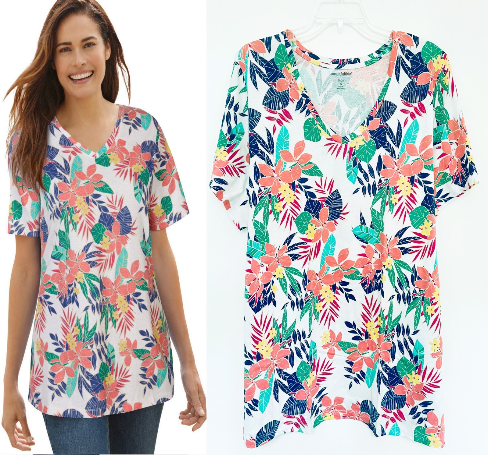 Womens Plus Size 26/28 to 38/40 3X 4X 5X COTTON Tropical Tunic Top Length 31″
