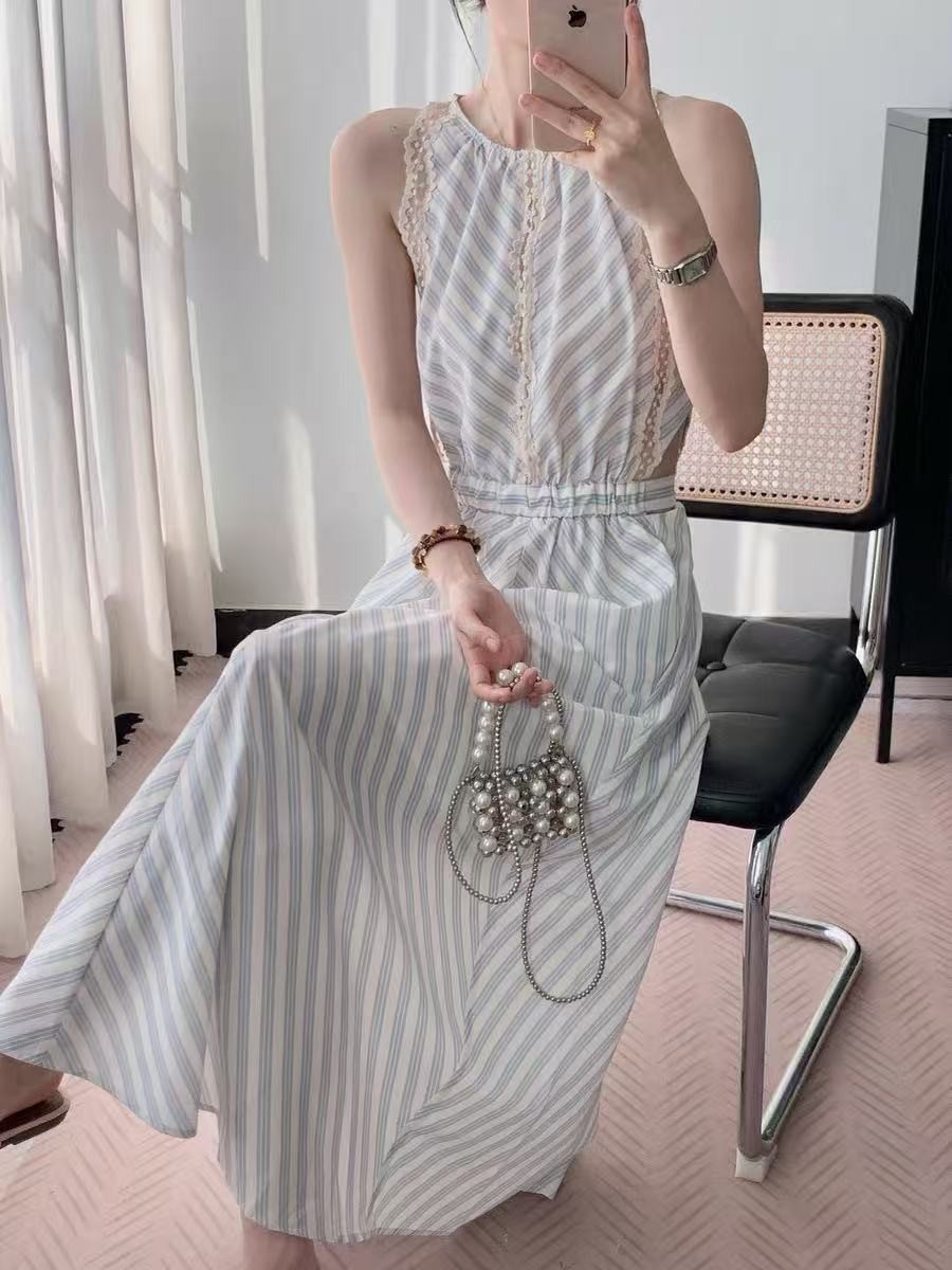 Sandro Lace edged diagonal stripe elastic high waisted sleeveless round neckdres