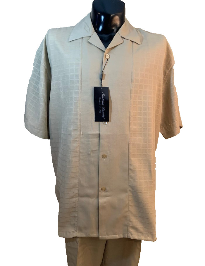 Fortino Landi Mens 2pc Walking Suit Shirt Pleated Pants Set 2XL Beige Plaid 42