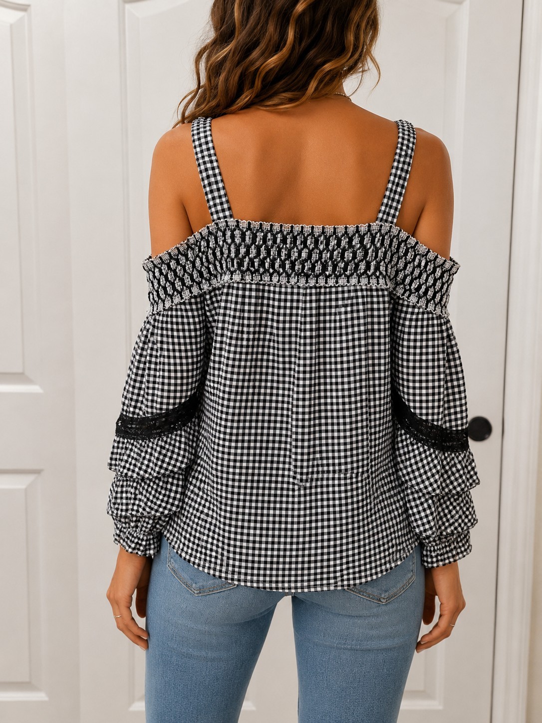 Venus Black White Gingham Cold Shoulder Blouse Womens Smocked Boho Top