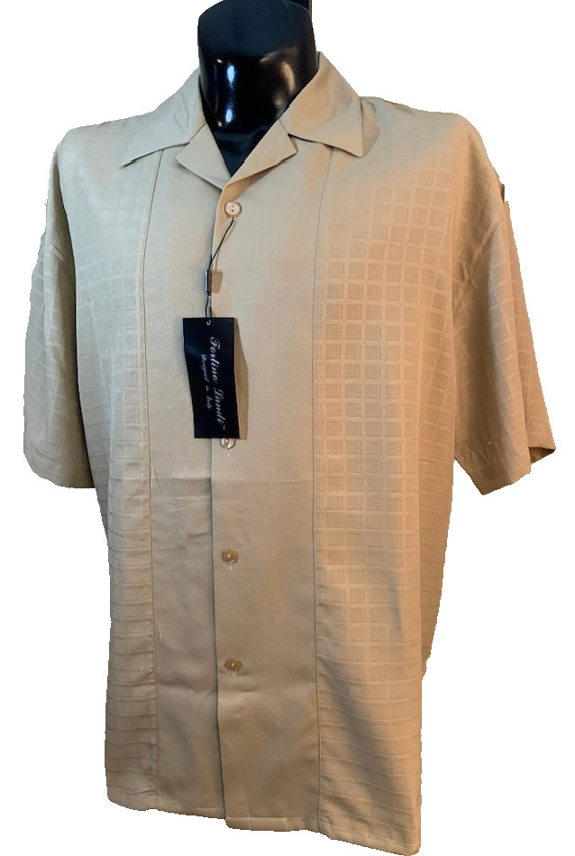 Fortino Landi Mens 2pc Walking Suit Shirt Pleated Pants Set 2XL Beige Plaid 42