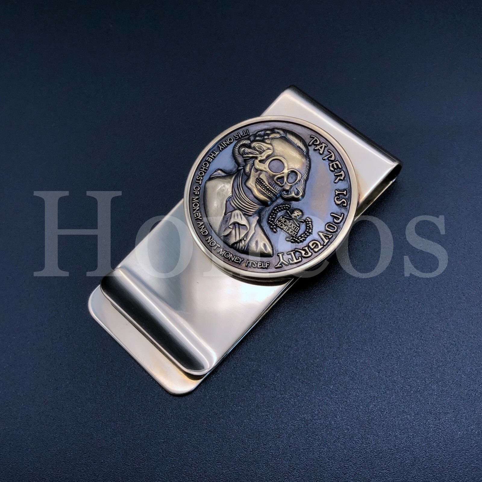 SKULL DOLLAR SIGN BRONZE BILL MONEY CLIP HOLDER PATER IS POVERTY SKULL CUSTOM