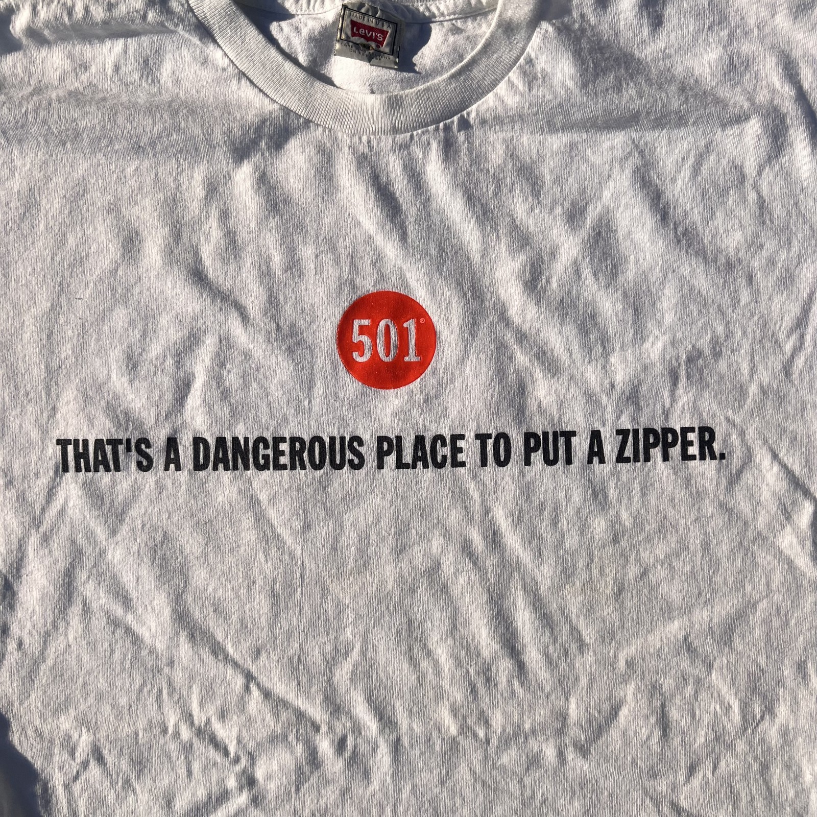 VTG 90s Levis 501 Button Fly Promo Shirt Sz M White Zipper Graphic Single Stitch