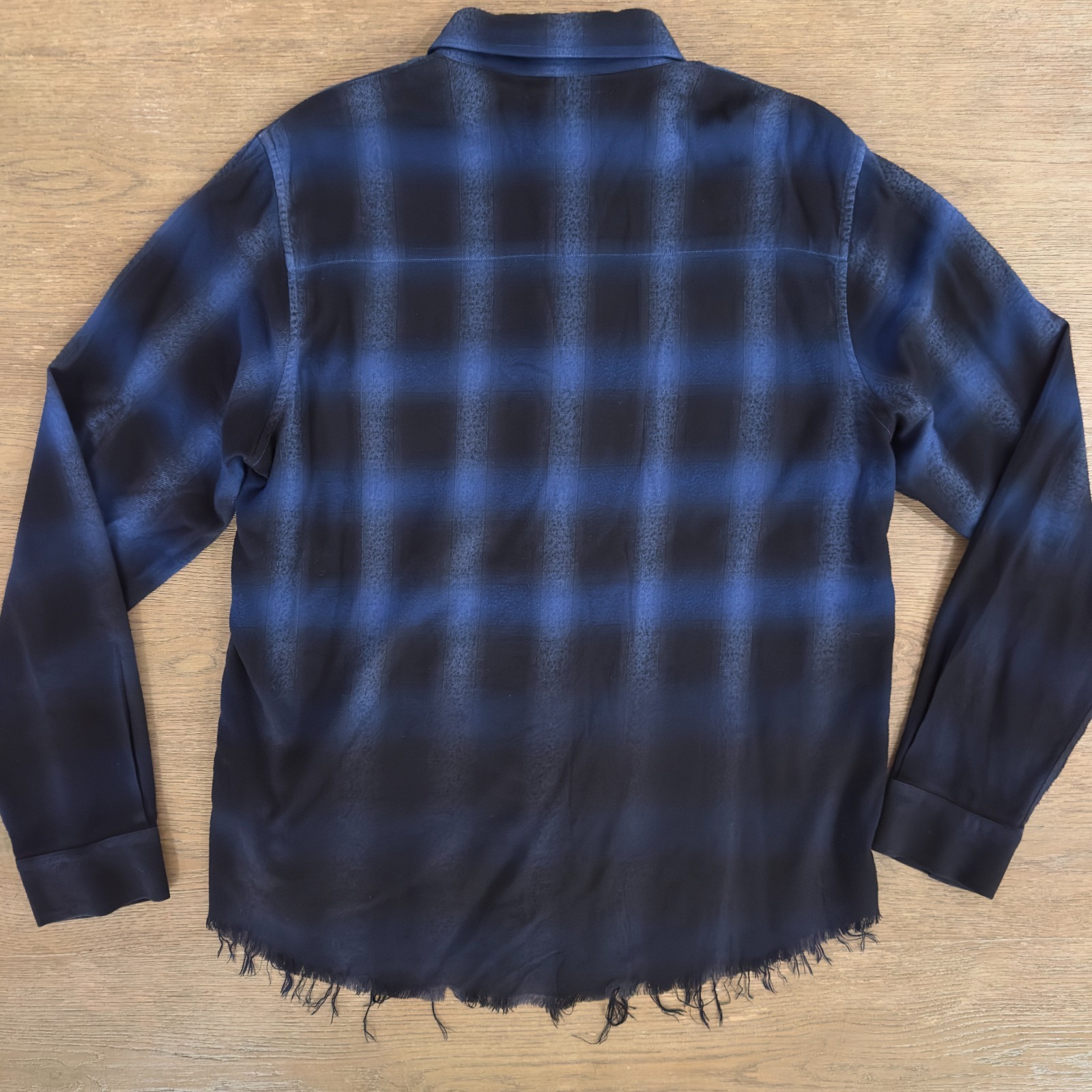 AMIRI Distressed Plaid Cotton Button Up Flannel Shirt-Blue ombre-Raw Hem-Men’s S