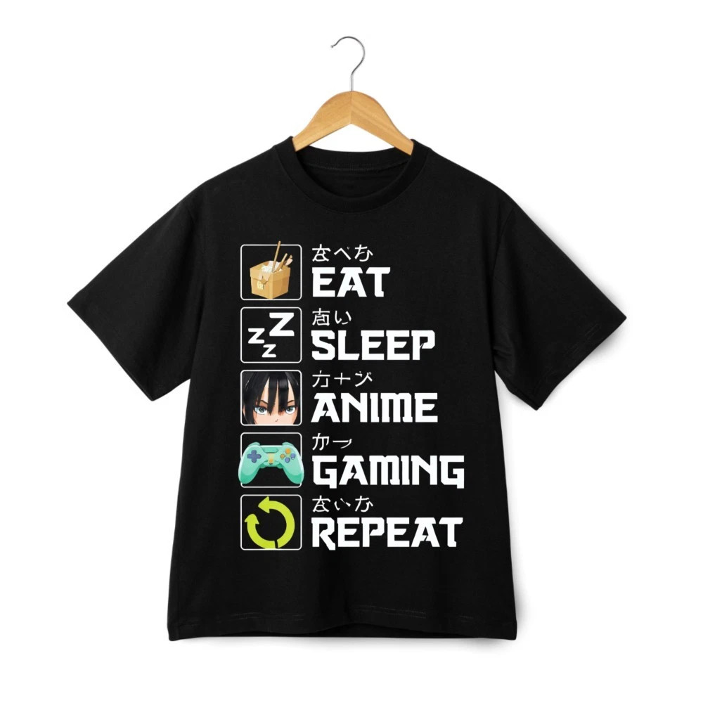 Eat Sleep Anime Gaming Repeat T-Shirt Gamer Otaku Hot Nerd Graphic Unisex Tee