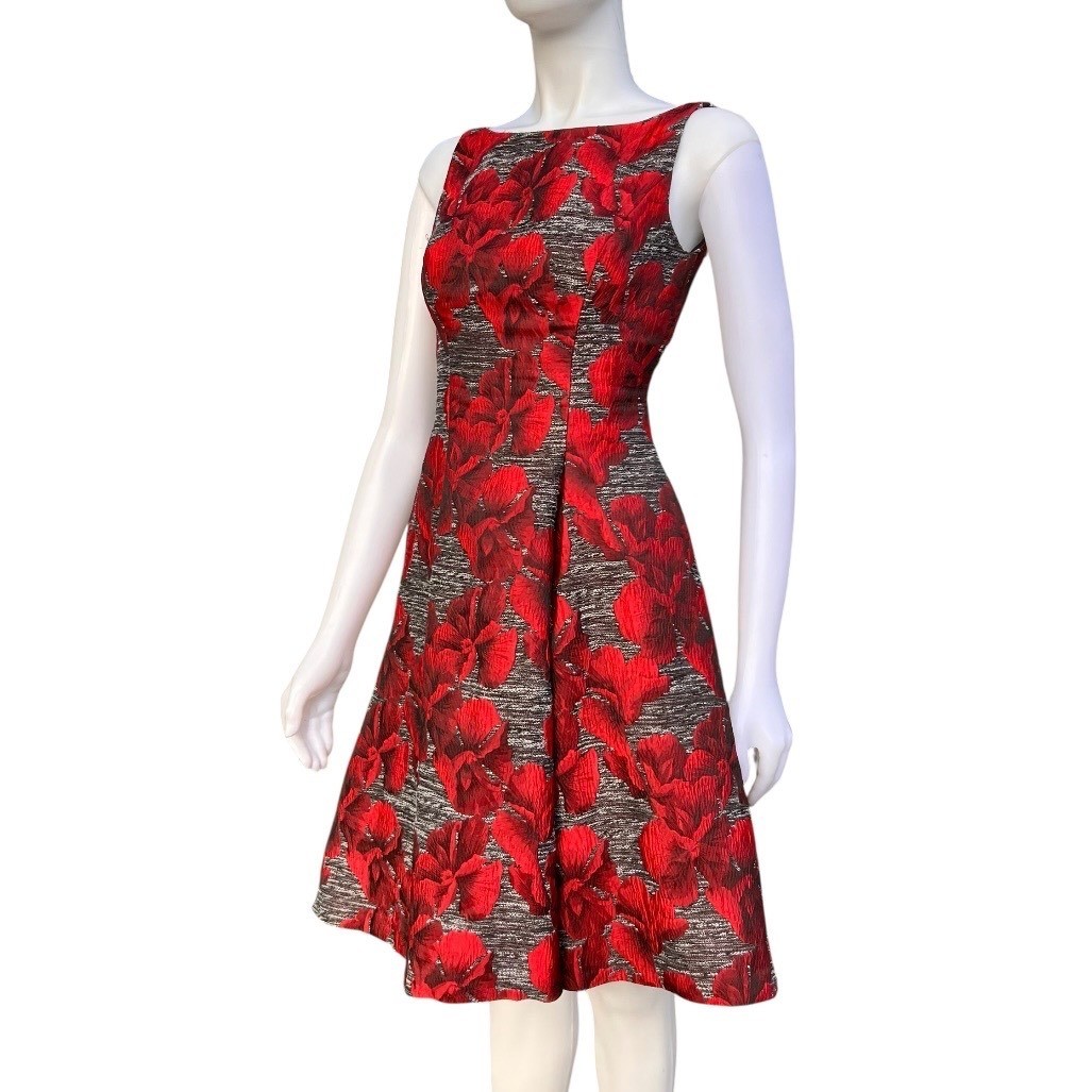 Adrianna Papell Floral Jacquard Fit & Flare Dress Red Black V-Back Old Money 4