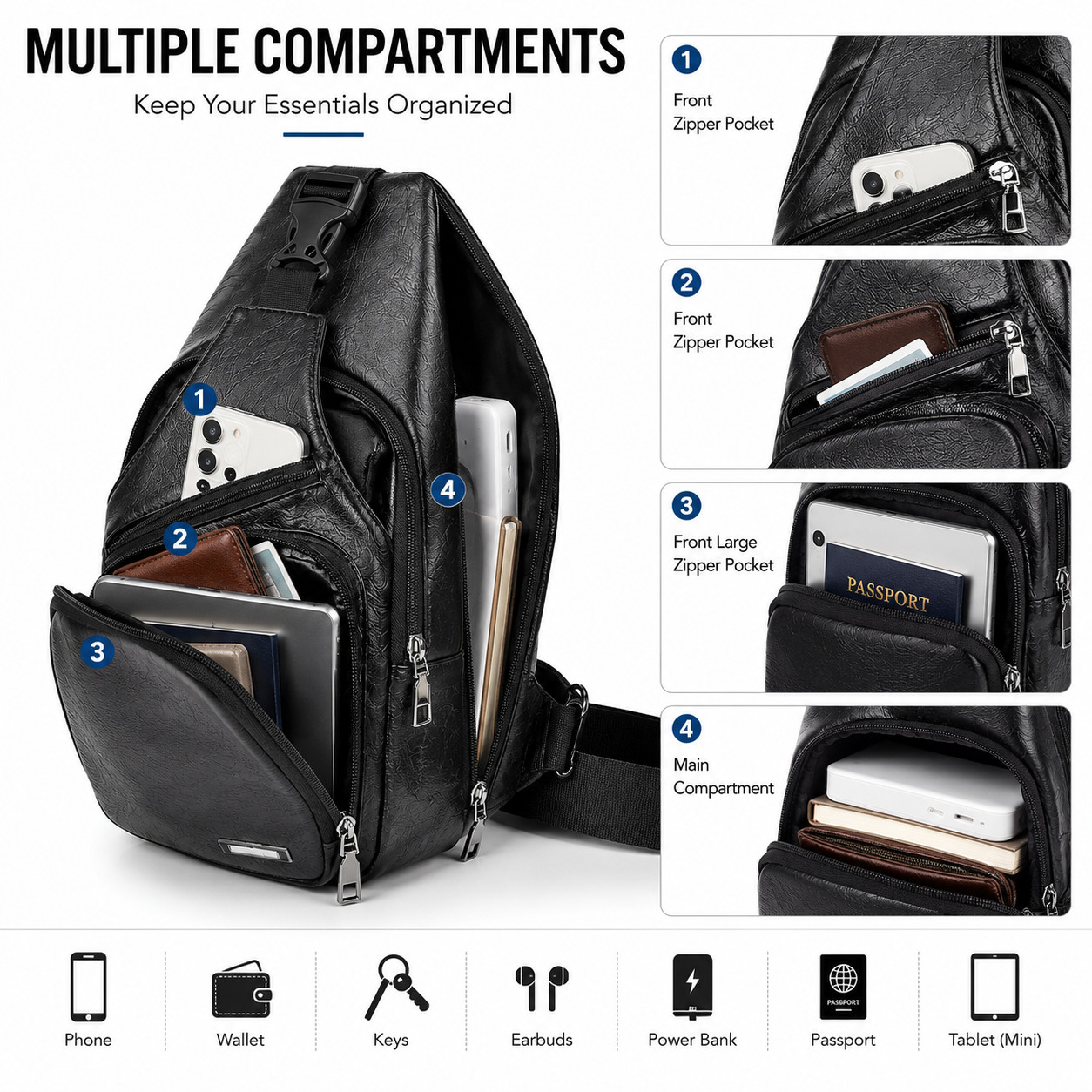 Black Chest Crossbody Bag Sling Backpack for Men with USB Charge Port