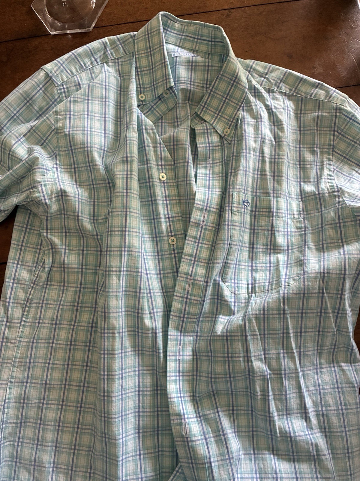 Men’s Green Blue White Plaid Cotton Button-Up Shirt Button-Down Collar L/S