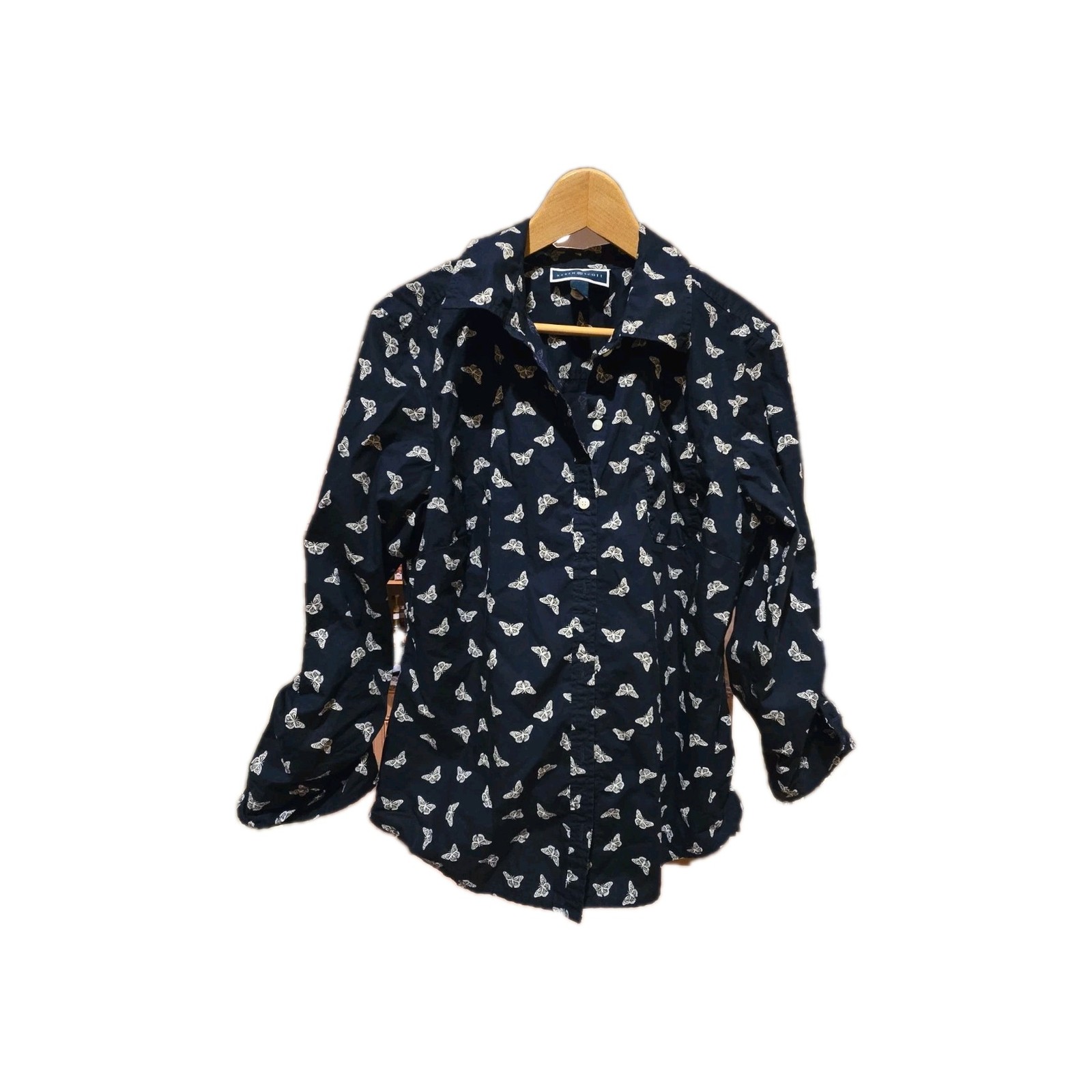 Karen Scott 100% Cotton Navy Butterfly Button Front Shirt Sz-L