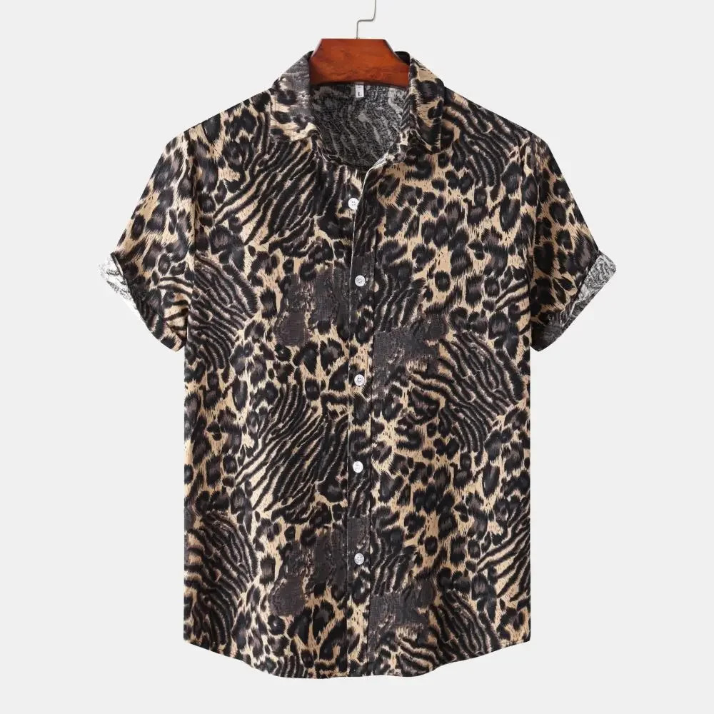Men’s Leopard Print Oversized Short Sleeve Button-Up Shirt with Lapel