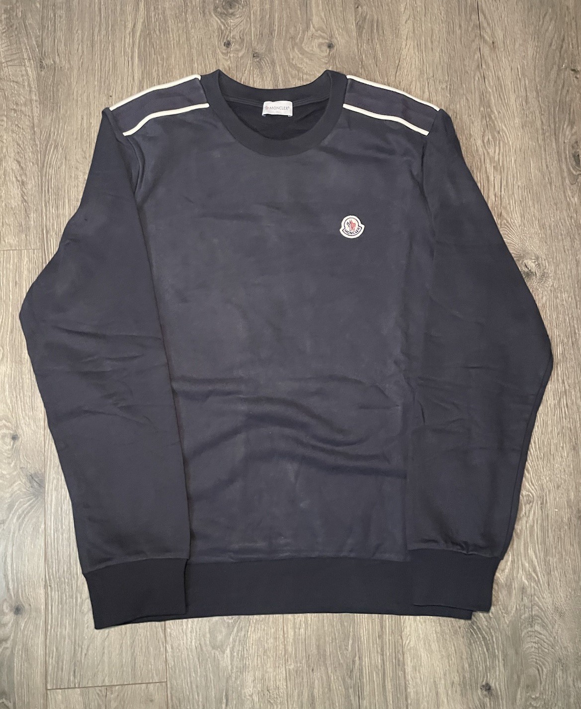 Moncler Striped Logo Long Sleeve Cotton Crewneck Sweatshirt Black Size Large