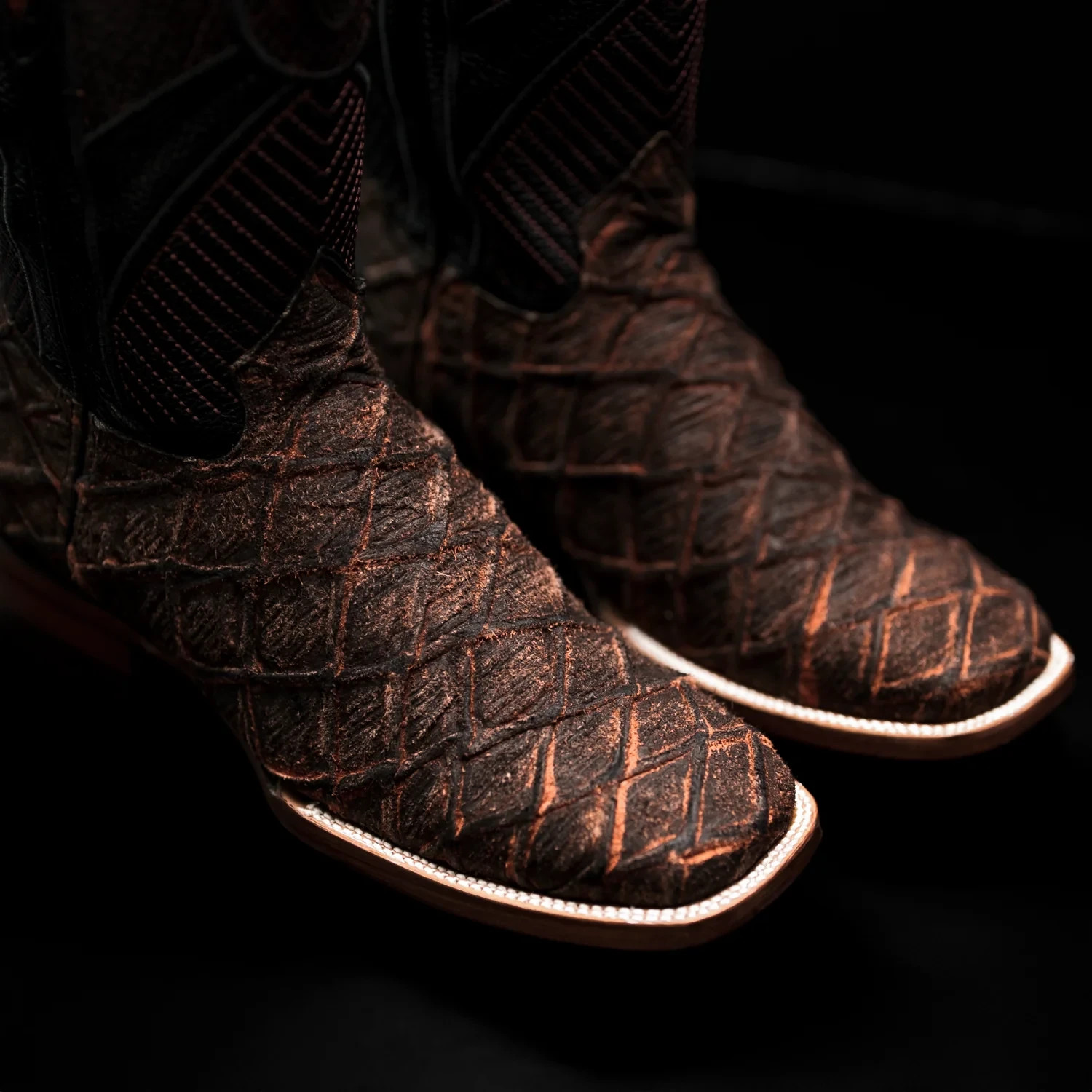Genuine Leather Monster Fish Royal Pirarucu Print Square Toe Western Boot-Cognac