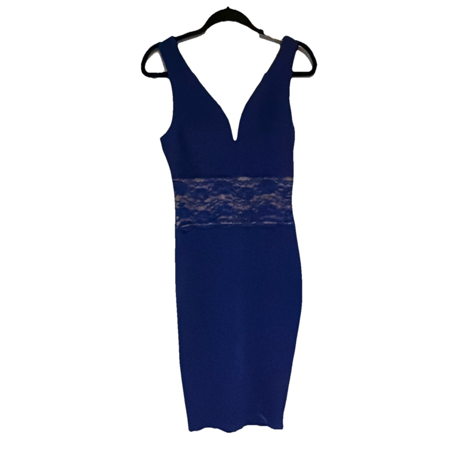 Royal Blue Sleeveless Bodycon Midi Dress with Lace Waist Panel & Deep V-Neck