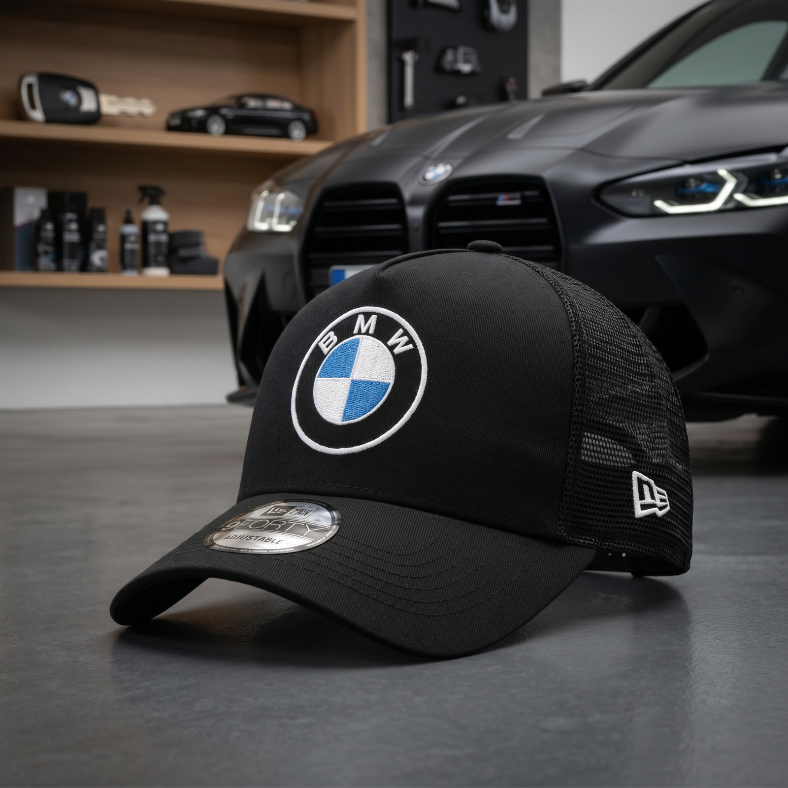 BMW Motorsport Embroidered 9FORTY Trucker Hat Black Mesh Snapback Cap
