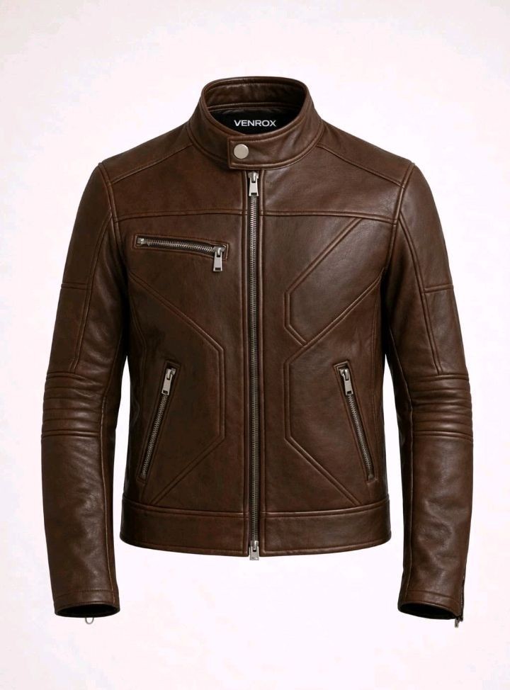 Men’s Brown Leather Jacket Slim Fit Cafe Racer Motorcycle Real Leather Coat