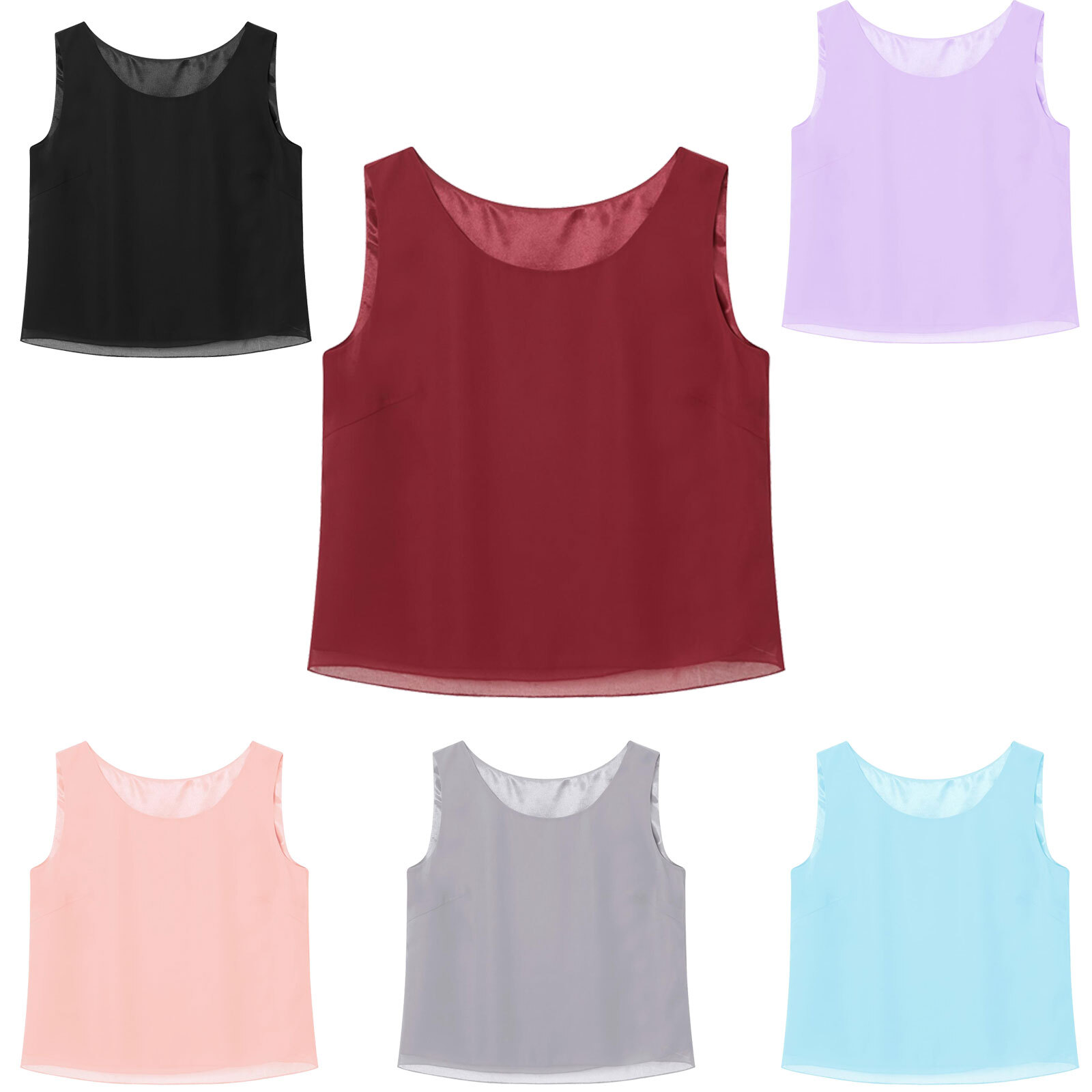 US Women Round Neck Vest Tops Summer Chiffon Layer Tank Top Loose Fit T-Shirts