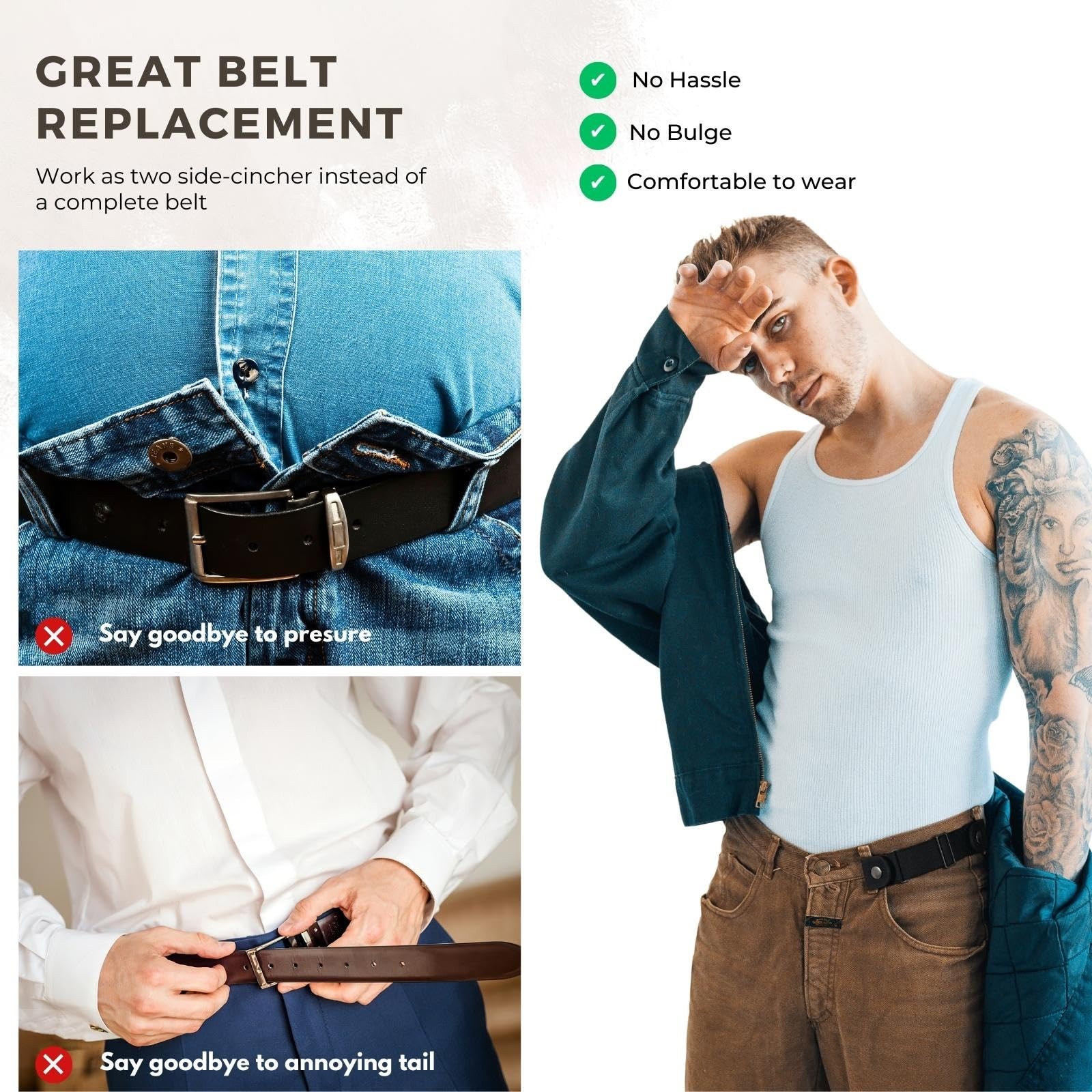 2 Pack No Buckle Belts for Men Women Side Elastic Belt Fits 1.5 Inch Belt Loops