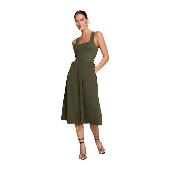 SPANX SPANXsmooth Jersey Scoop Neck Tank Olive Midi Dress XL Stretch Slimming