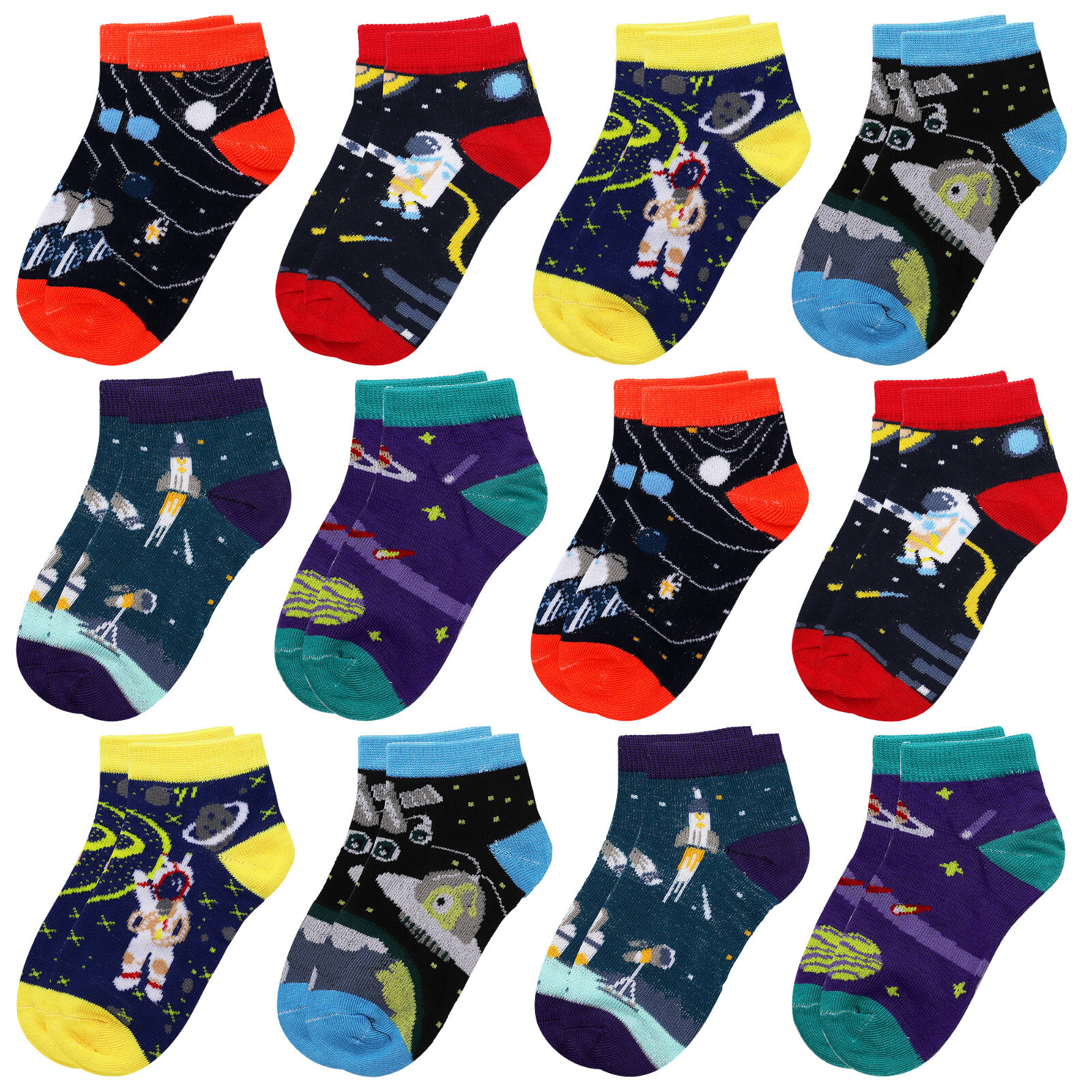 Falari 12 Pair Assorted Universe Toddler Kids Boy Ankle Socks 2-4, 4-6, 6-8 year