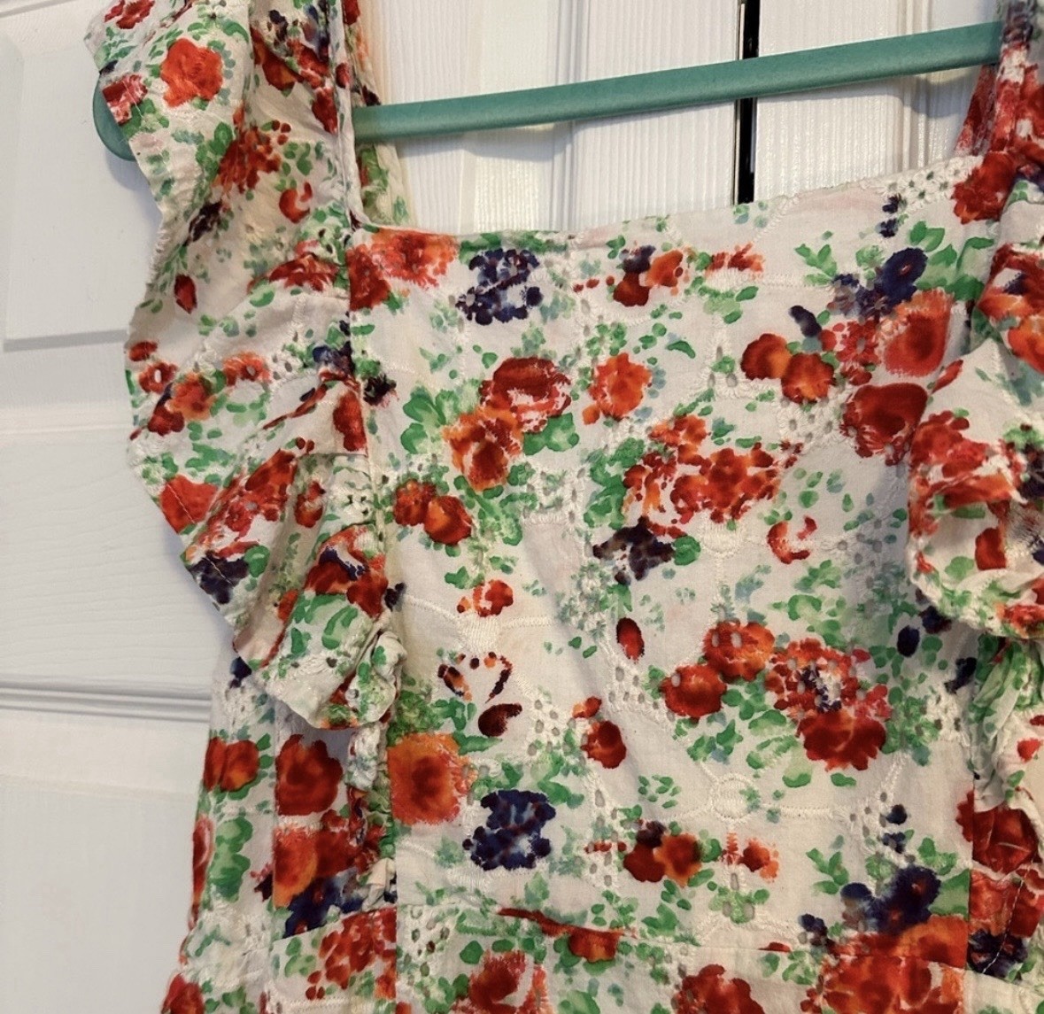 Blue Rain White Floral Square Neck Ruffle Puff Sleeve Mini Dress S