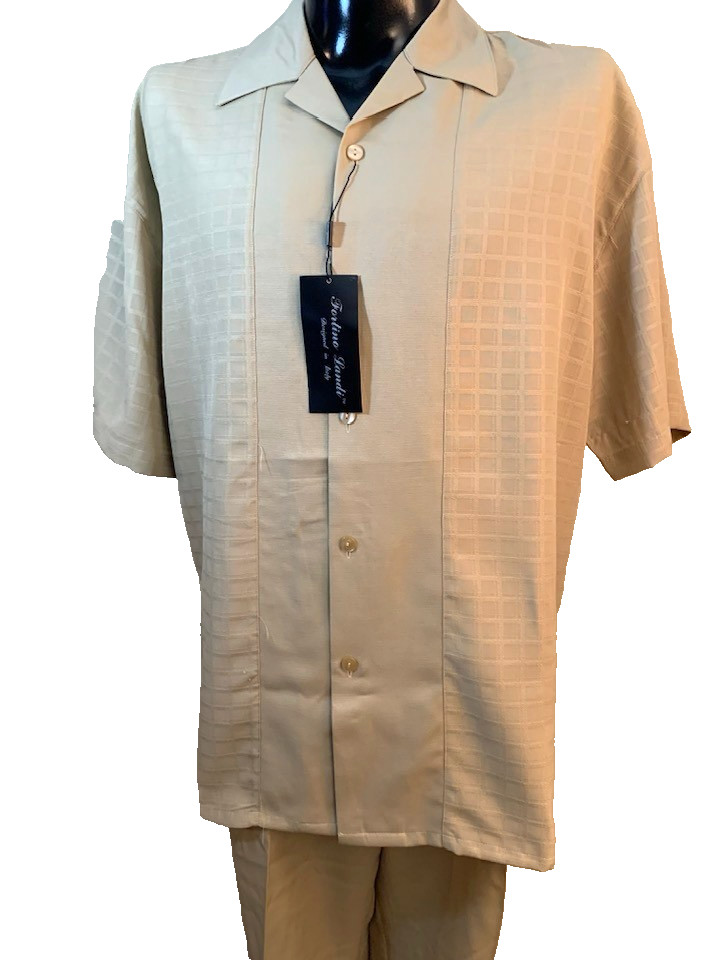 Fortino Landi Mens 2pc Walking Suit Shirt Pleated Pants Set 2XL Beige Plaid 42