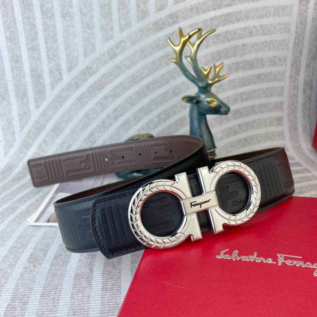 Ferragamo Handcrafted Leather Belt Reversible width 3.8cm/1.5inch Silver Buckle
