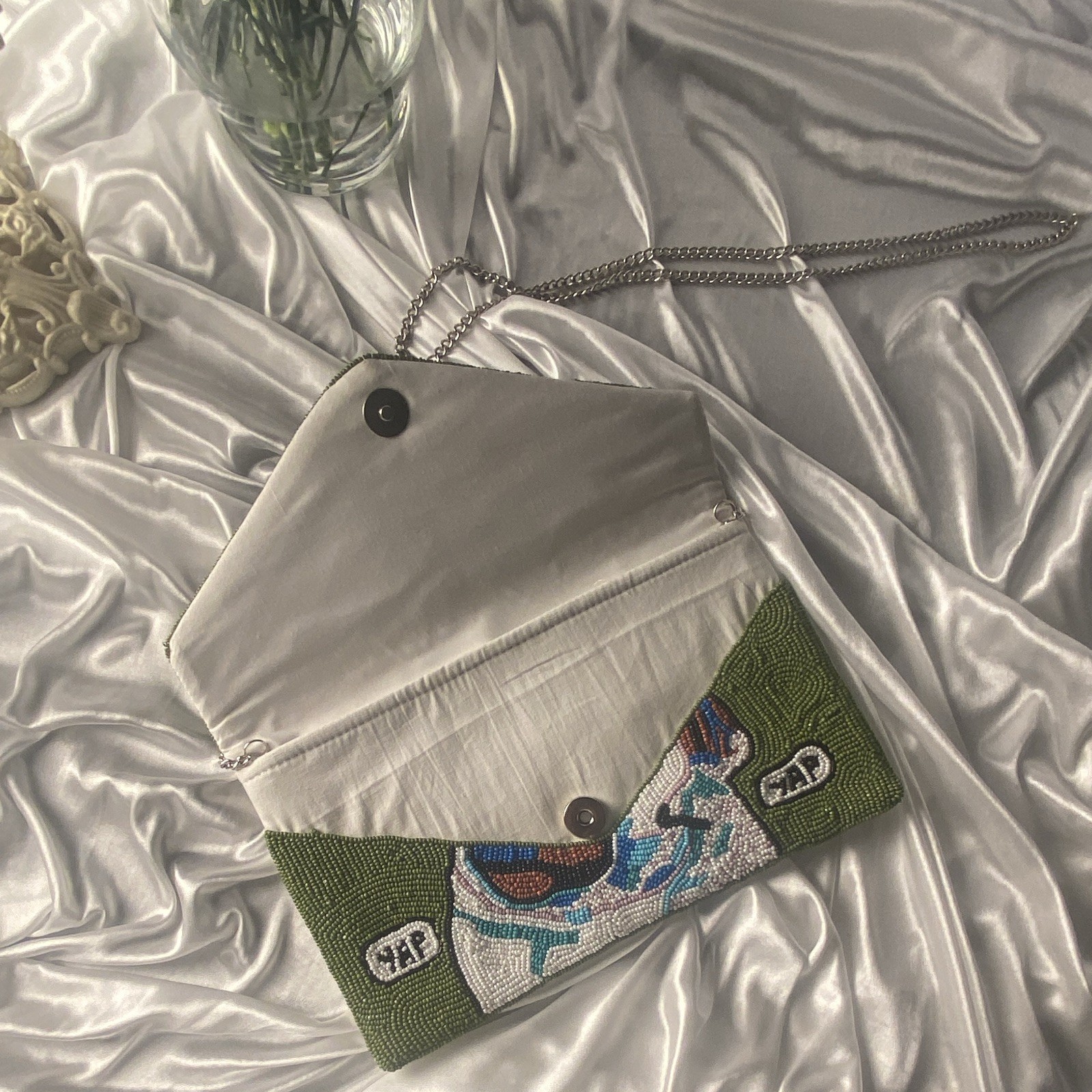 Beaded Embroidered Pug Dog “YAP” Shoulder Bag Green/White Silver Chain Strap