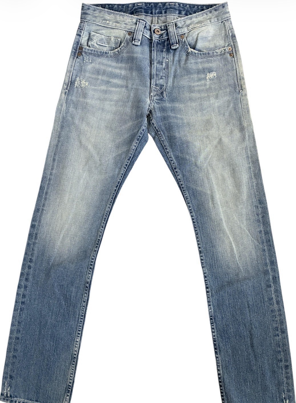 Rockabilly Light Wash Blue Denim Straight Jeans Distressed 5-Pocket Button Logo