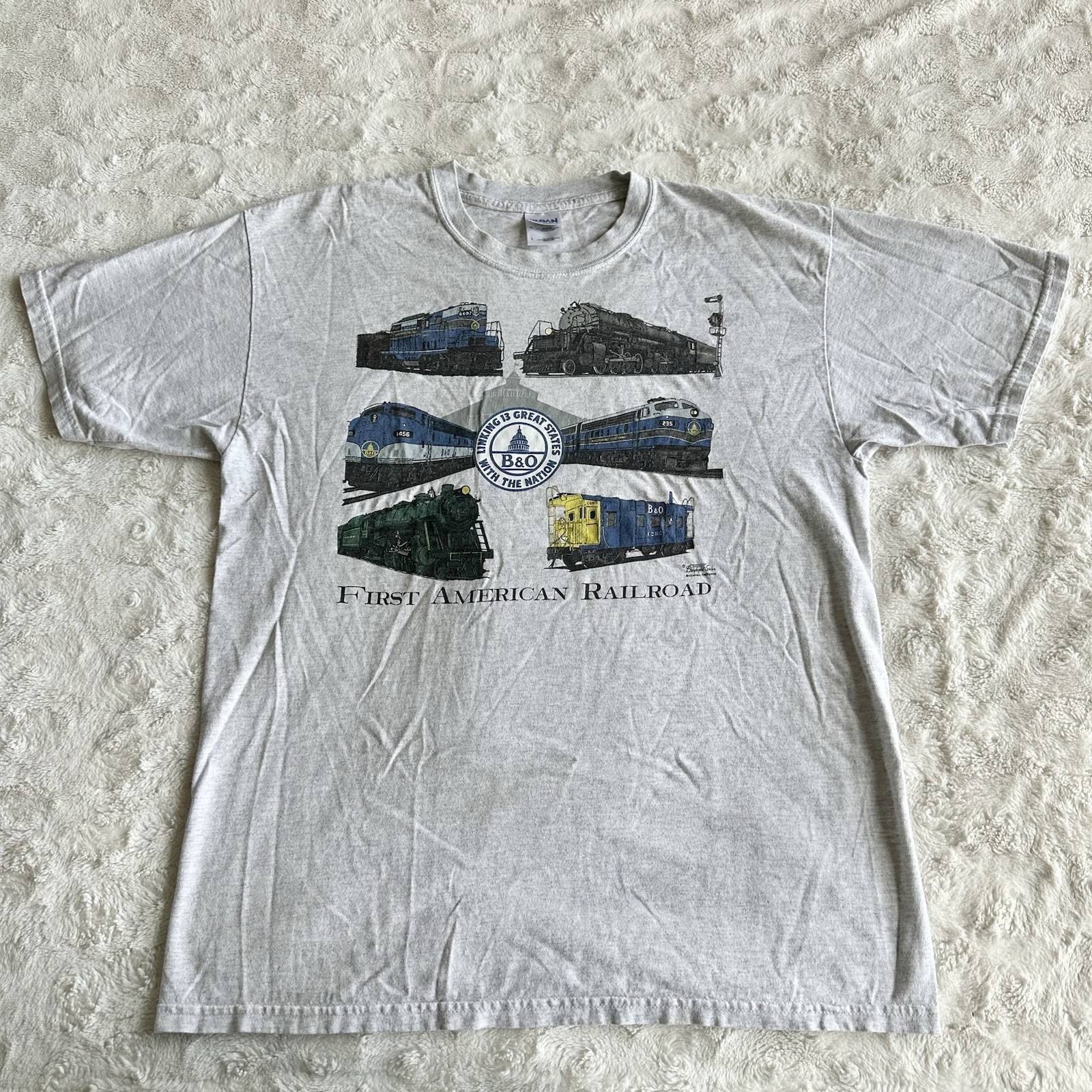 B&O Railroad Shirt Tee Mens Large Gray Trains Travel American Baltimore Ohio SS