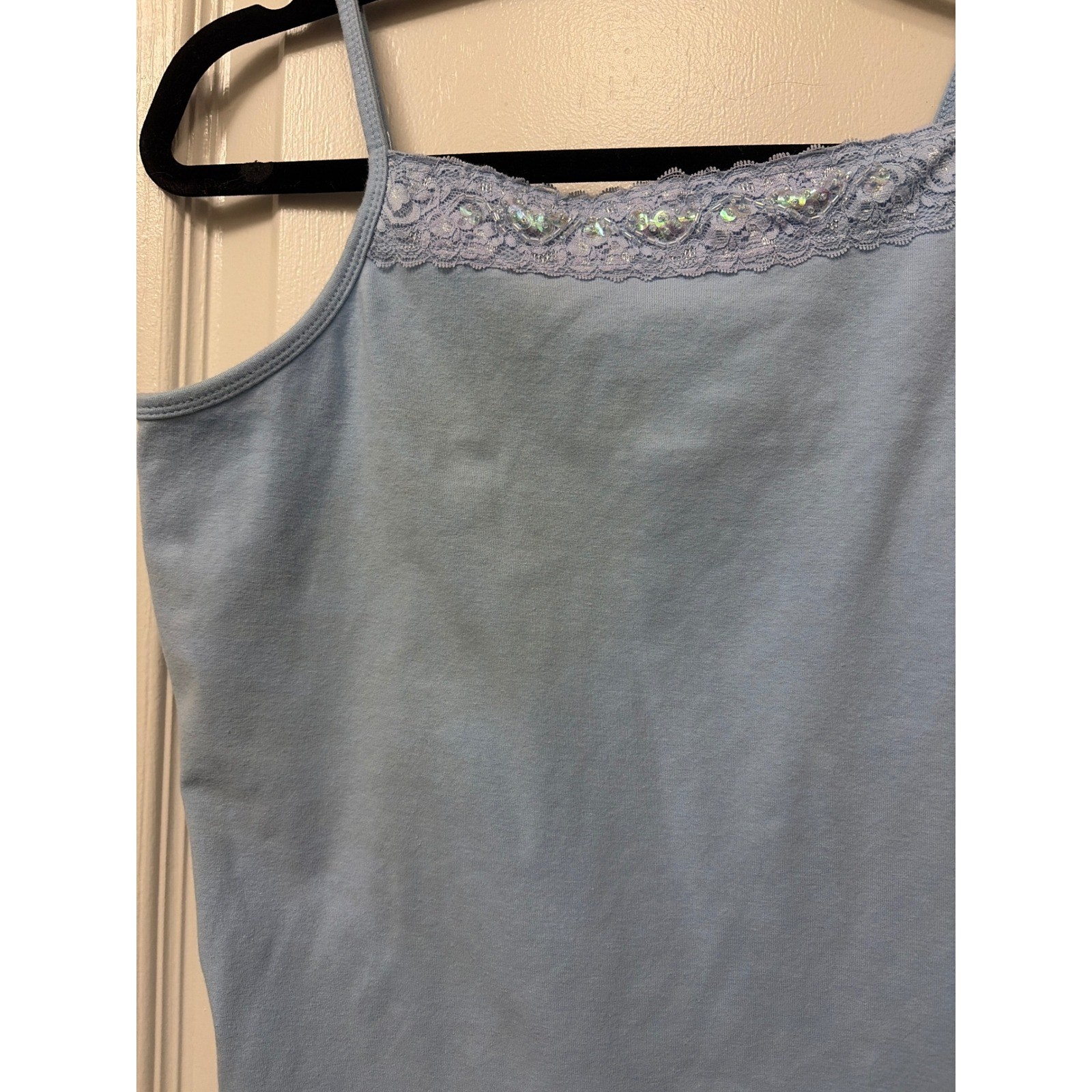 Cherokee Vintage Blue Sequin Lace Trim Cami Tank Top y2k Womens S M