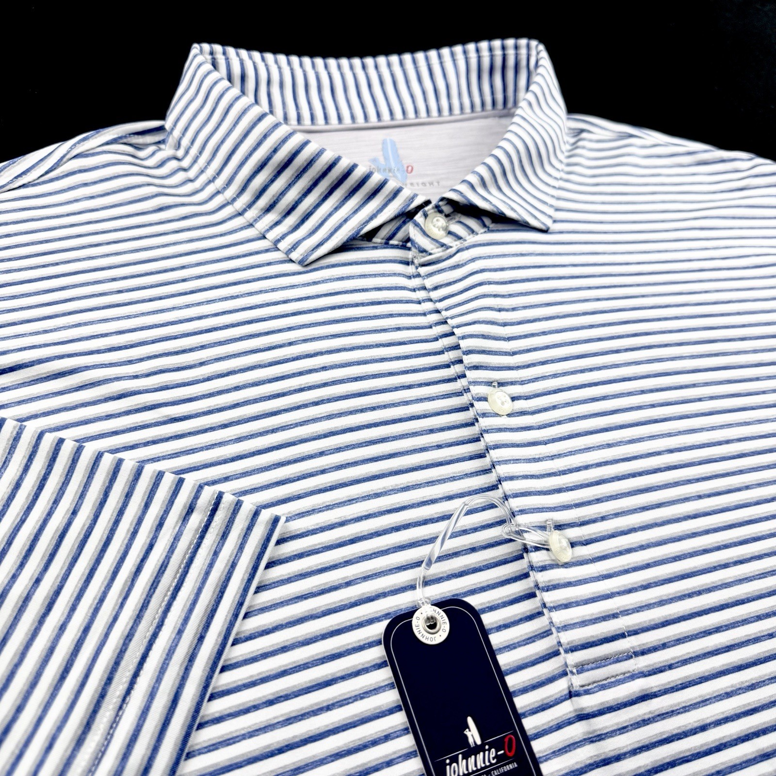 Johnnie O Featherweight Performance Striped Polo Shirt Navy White XL $110