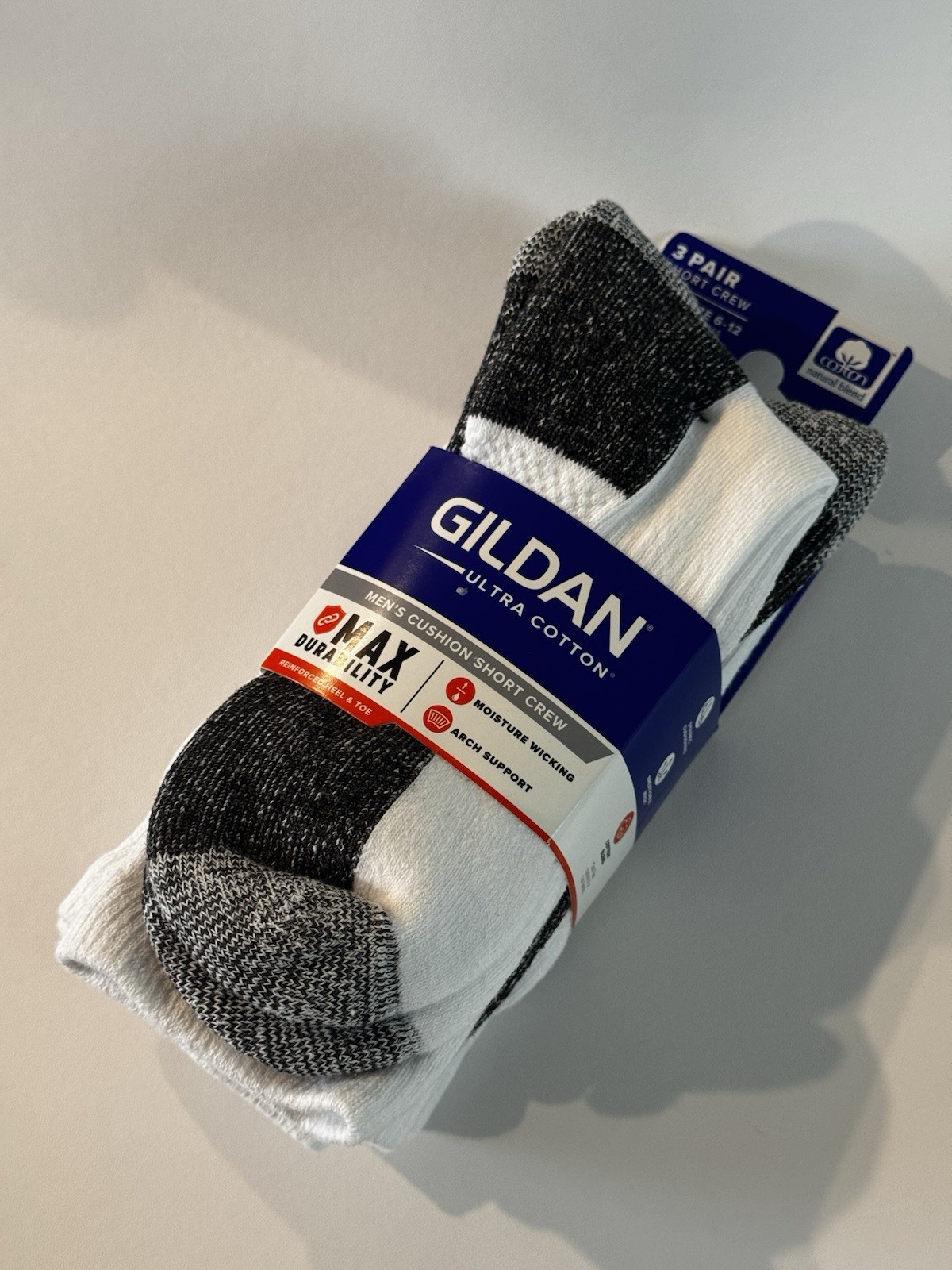 Gildan Ultra Cotton Men’s Cushioned Moisture Wicking Crew Socks 3 Pr 6-12
