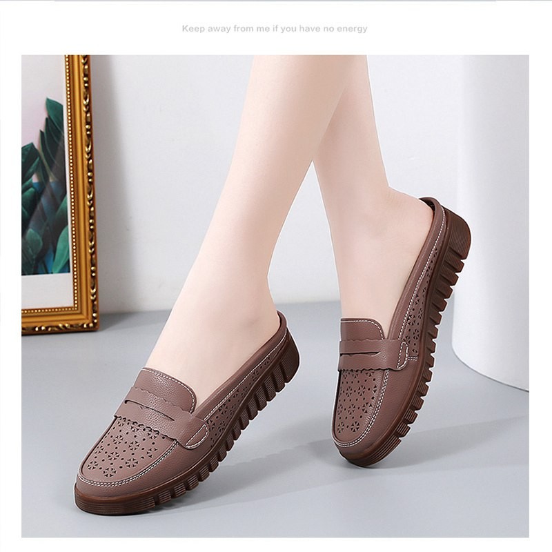 Mom Shoes Wear Beef Summer Hollowed Genuine Leather Box Slippers Women’s Outer